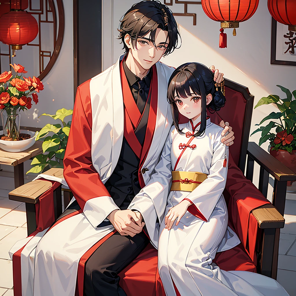 a handsome young man with a good face and a gentle face, wearing a white ancient Chinese costume, sitting on a chair, hugging his  sister 1 year ois 1 year old, blacin a red Chinese new year costume, in the morning, there is sunlight shining in the front yard garden.