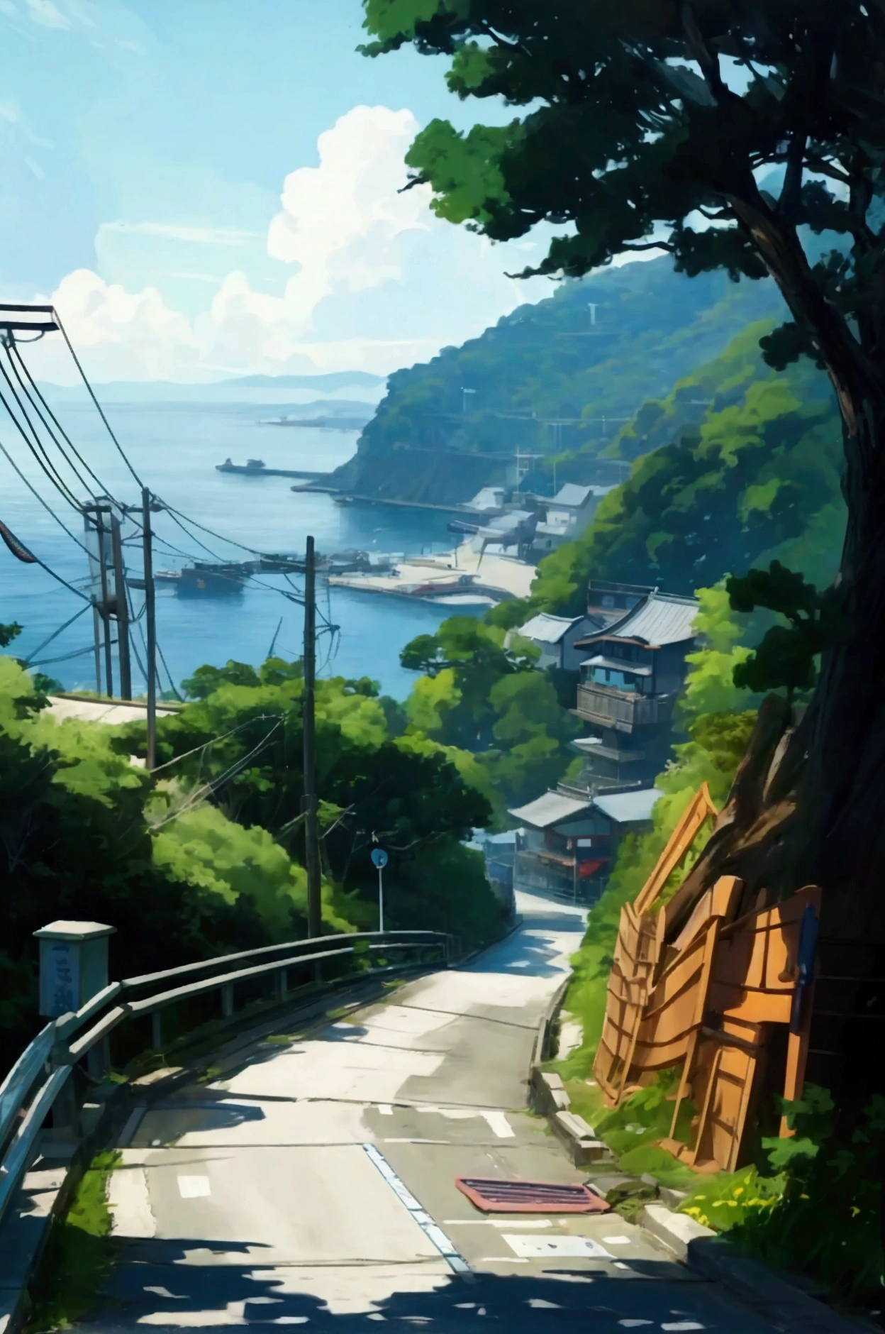 Side view of a coastal road descending towards a small harbor, captured in an anime style artwork. The road is steep, with a guardrail on the left and a small green hill on the right. The asphalt appears slightly worn with some cracks, and a manhole is visible on the road. The coastal area in the background includes a blue ocean with a few boats and a small dock. The scene is bathed in bright, natural sunlight, with shadows cast along the road and guardrail. The general atmosphere is serene and nostalgic, evoking a peaceful Japanese seaside town, on the side of a small Shinto statue