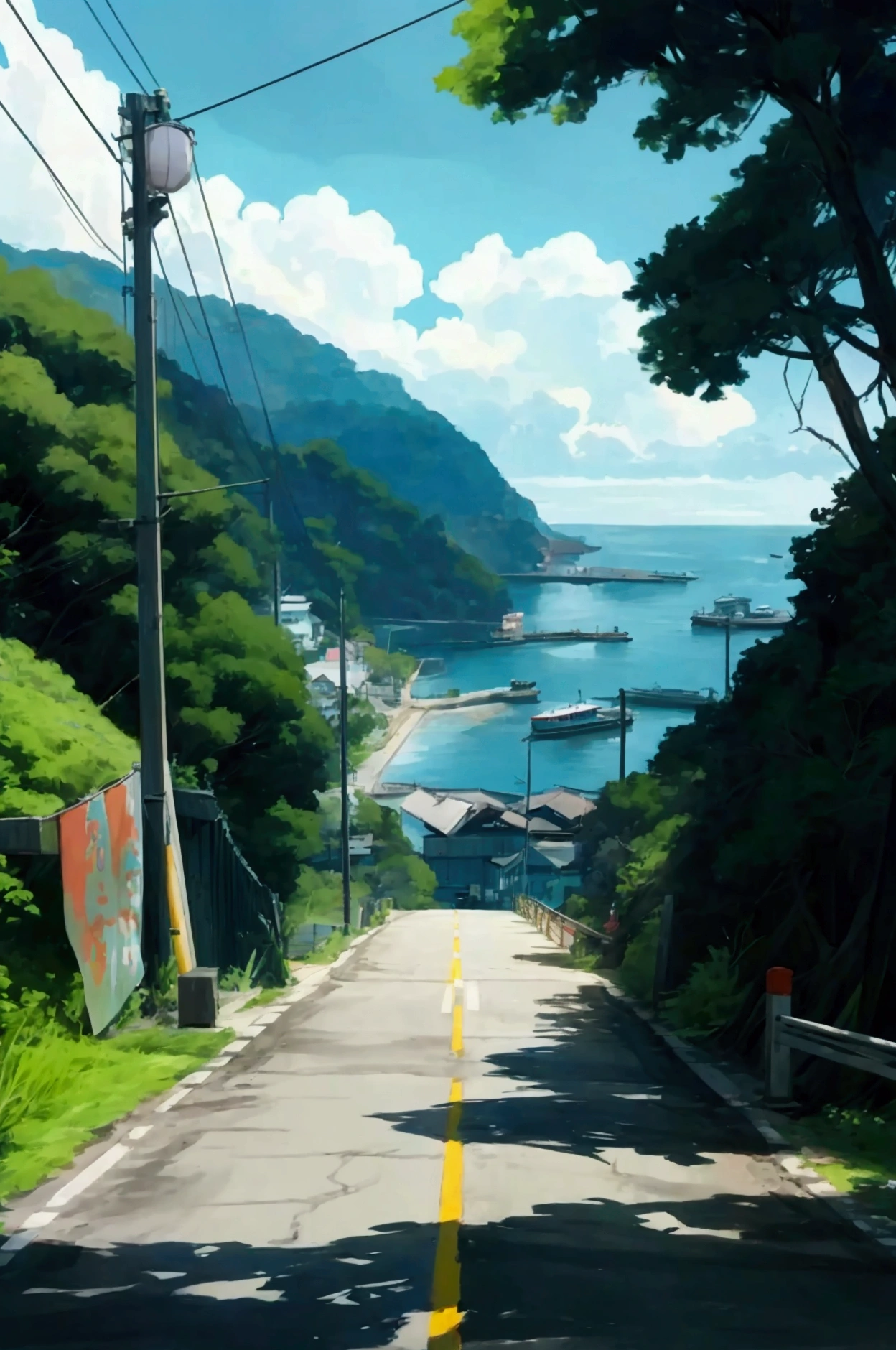 Side view of a coastal road descending towards a small harbor, captured in an anime style artwork. The road is steep, with a guardrail on the left and a small green hill on the right. The asphalt appears slightly worn with some cracks, and a manhole is visible on the road. The coastal area in the background includes a blue ocean with a few boats and a small dock. The scene is bathed in bright, natural sunlight, with shadows cast along the road and guardrail. The general atmosphere is serene and nostalgic, evoking a peaceful Japanese seaside town, on the side of a small Shinto statue