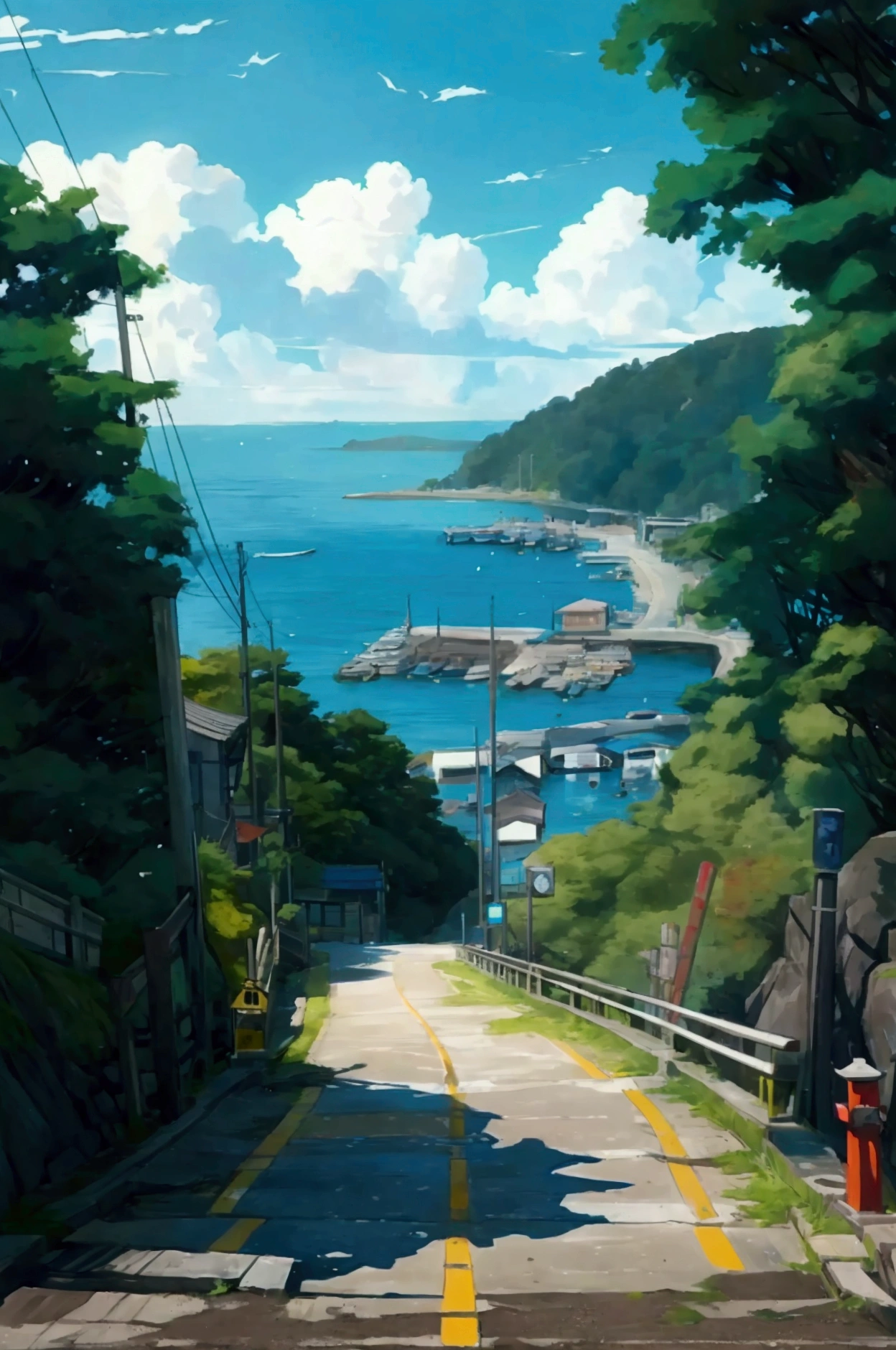 Side view of a coastal road descending towards a small harbor, captured in an anime style artwork. The road is steep, with a guardrail on the left and a small green hill on the right. The asphalt appears slightly worn with some cracks, and a manhole is visible on the road. The coastal area in the background includes a blue ocean with a few boats and a small dock. The scene is bathed in bright, natural sunlight, with shadows cast along the road and guardrail. The general atmosphere is serene and nostalgic, evoking a peaceful Japanese seaside town, on the side of a small Shinto statue
