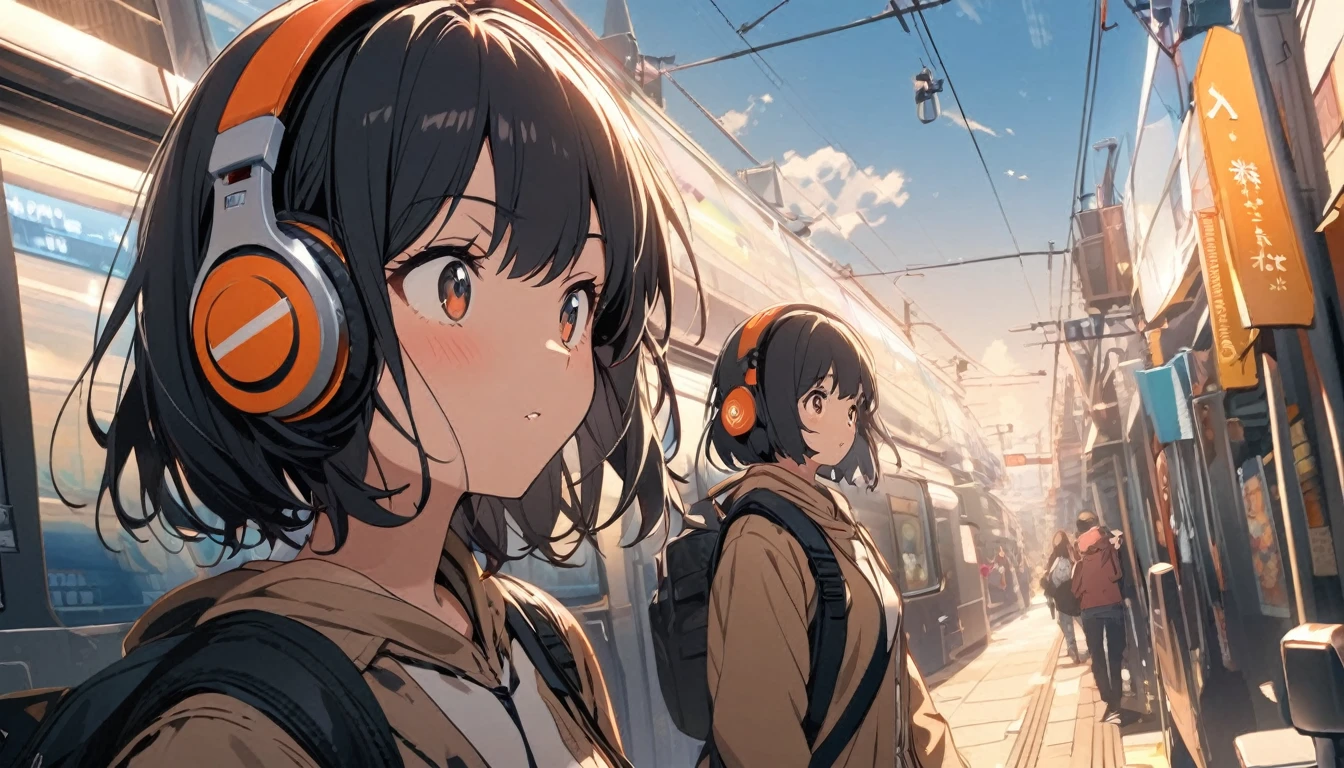 A girl with short black hair wearing headphones,trip,one person's,relax,The background is dusk