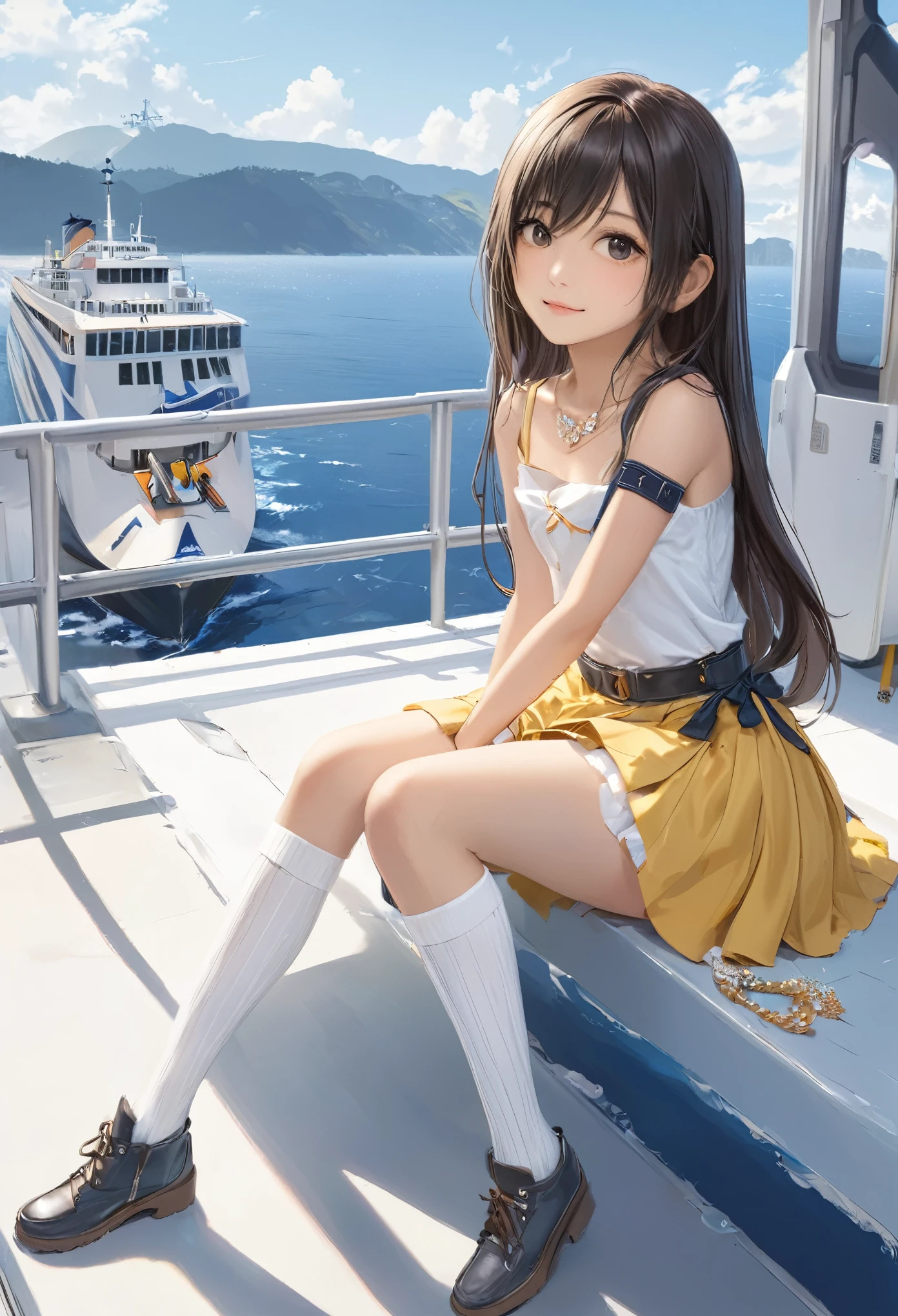 (masterpiece, Highest quality:1.2), one person&#39;s, alone,Bony body、5 years old、ferry, ((Long Hair)), ferryBase, ((Knee socks)), Exposing shoulders, ((jewelry)), ((No sleeve)), White Dress, Yellow skirt, ((gloves)), Up to the thighs, 