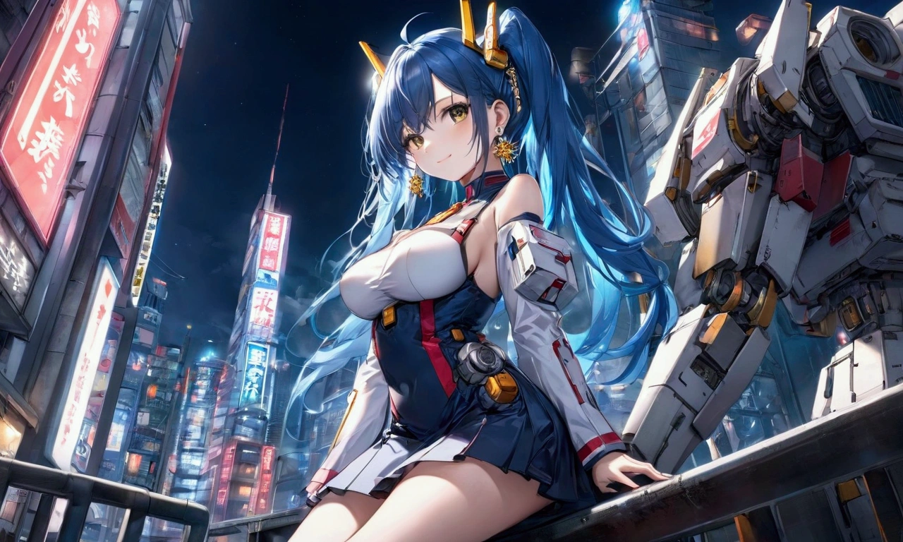 (masterpiece, best quality;1.3), extremely detailed ,ultra detailed, 1GIRL,solo, twin tail, large breast, evil smile, gundam(rx78), science fiction, mecha, , blue hair, solo, hair ornament, long hair, twin tail, gold eyes, jewelry, earrings, looking at viewer,shinjuku city background,night, many neon signs, moon base, detailed dress, micro mini skirt, from below, sitting,, bust shot,