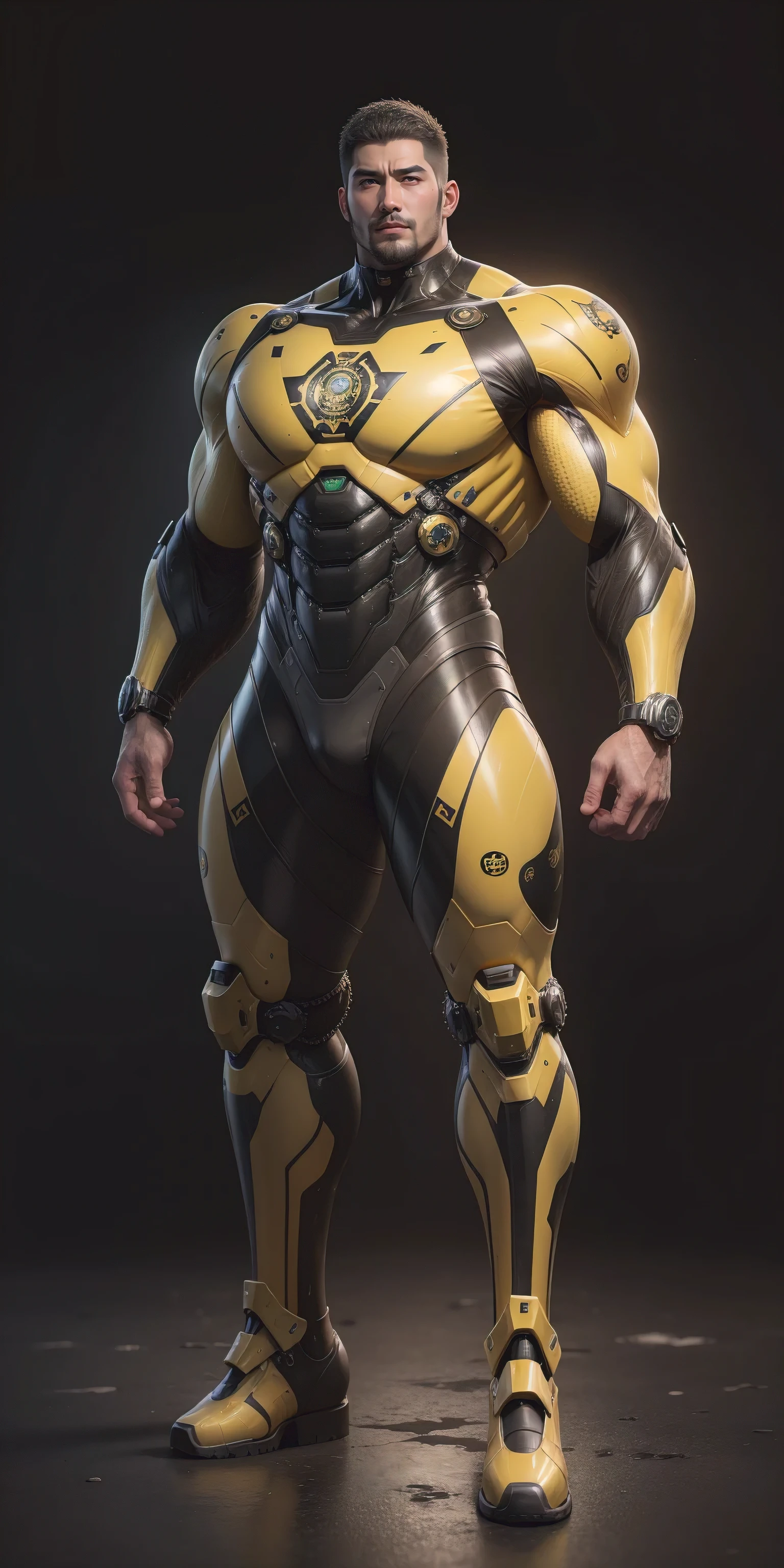Tall giant muscular police officer,Yellow and black camouflage patterned nano mecha,Honeycomb pattern,Lightweight texture,Character Concept(Resident Evil - Chris Redfield,Chris Redfield)senior police officer,Small grid texture,Regular symmetrical texture pattern,Sad expression,Deep and charming eyes,Standing in a bright mechanical laboratory,Emerald Eyes Hero,Heroic male pose,Tall burly,muscular!Attractive leg muscles,High target, Burly, Heqiang, Super Buff and Coolness, High Resolution Committee, Bigfoot yellow-gray ultra-thin nano-mechanical boots,Charismatic strongman,The bright sunshine shines on you,Matte particles,Shiny texture