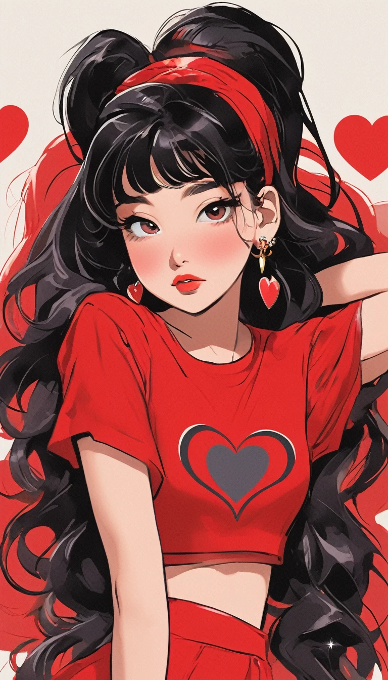 the is in a red top and is making kissy faces, 1girl, solo, one eye closed, jewelry, hairband, ponytail, black hair, heart, looking at viewer, black eyes, long hair, earrings, crop top, midriff, red shirt