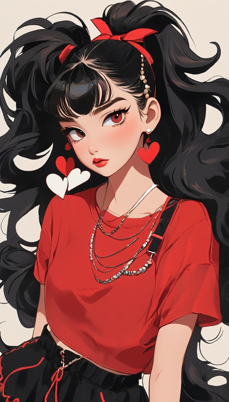 the is in a red top and is making kissy faces, 1girl, solo, one eye closed, jewelry, hairband, ponytail, black hair, heart, looking at viewer, black eyes, long hair, earrings, crop top, midriff, red shirt