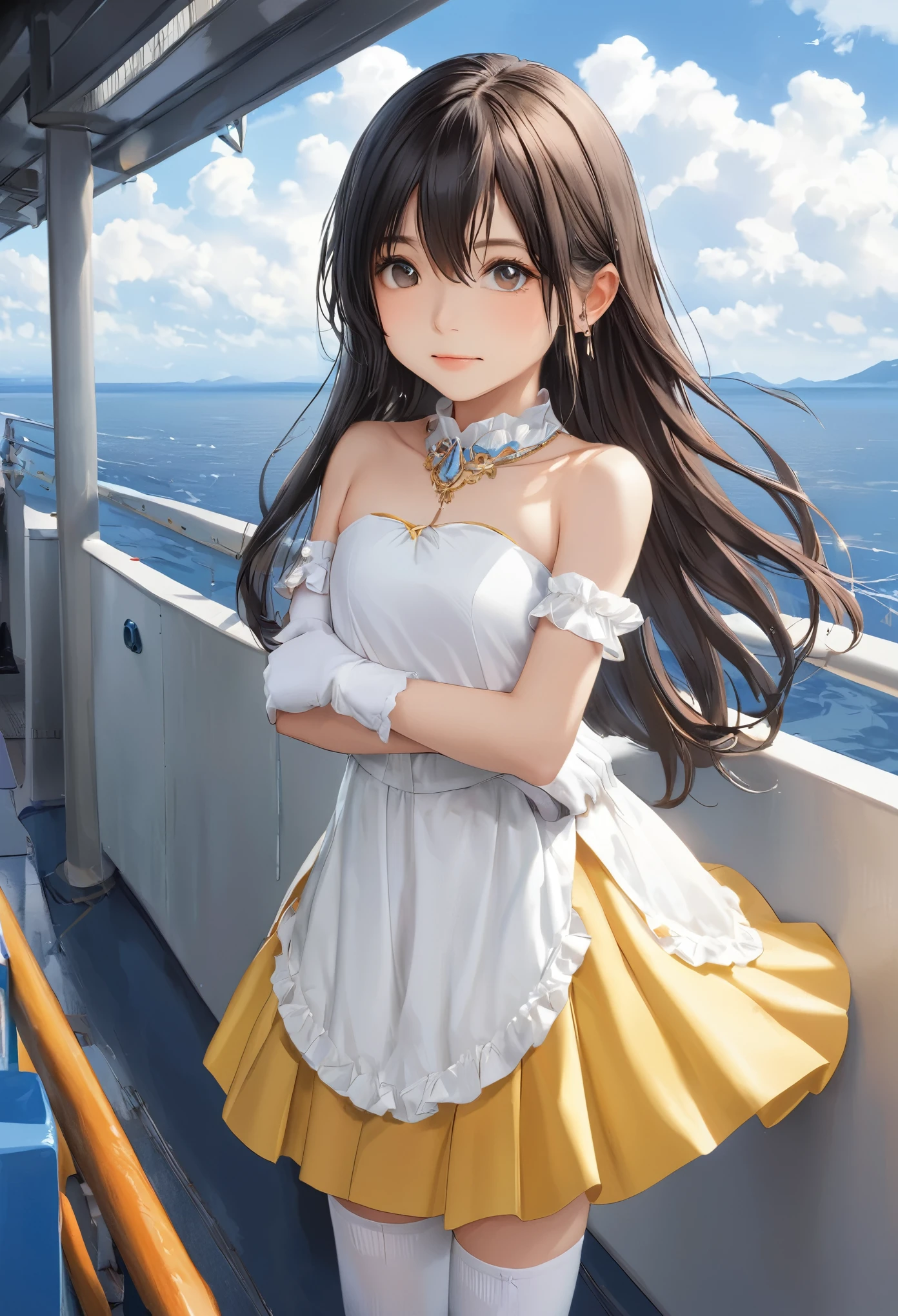 (masterpiece, Highest quality:1.2), one person's, alone,Bony body、、ferry, ((Long Hair)), ferryBase, ((Knee socks)), Exposing shoulders, ((jewelry)), ((No sleeve)), White Dress, Yellow skirt, ((gloves)), Up to the thighs,