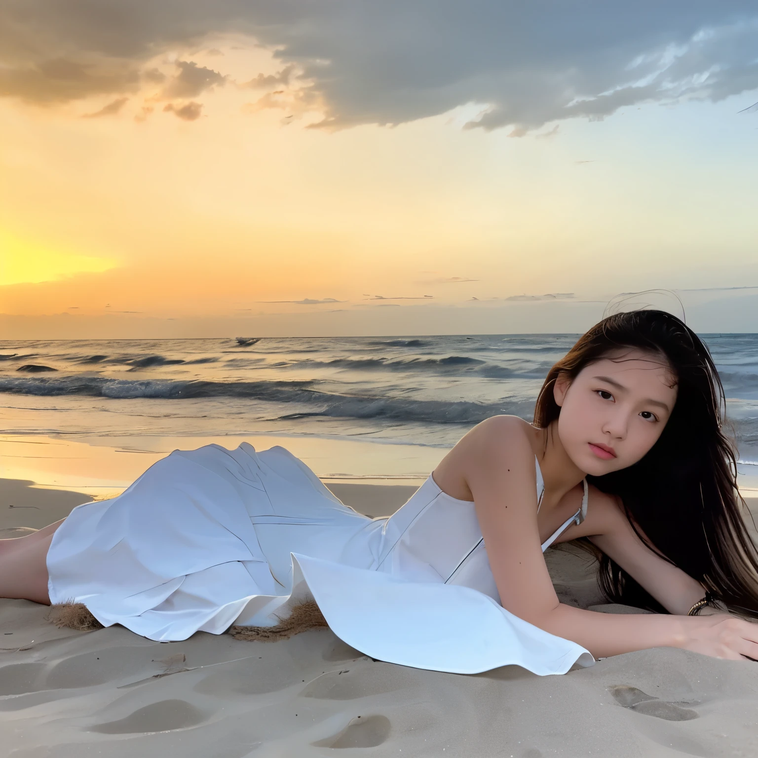 Wearing a white dress and being on the beach at sunset、A 14 year old girl is lying down, Wind、The lines of your body stand out when you get wet from the rain..、A sudden wind blew and my skirt flipped up.