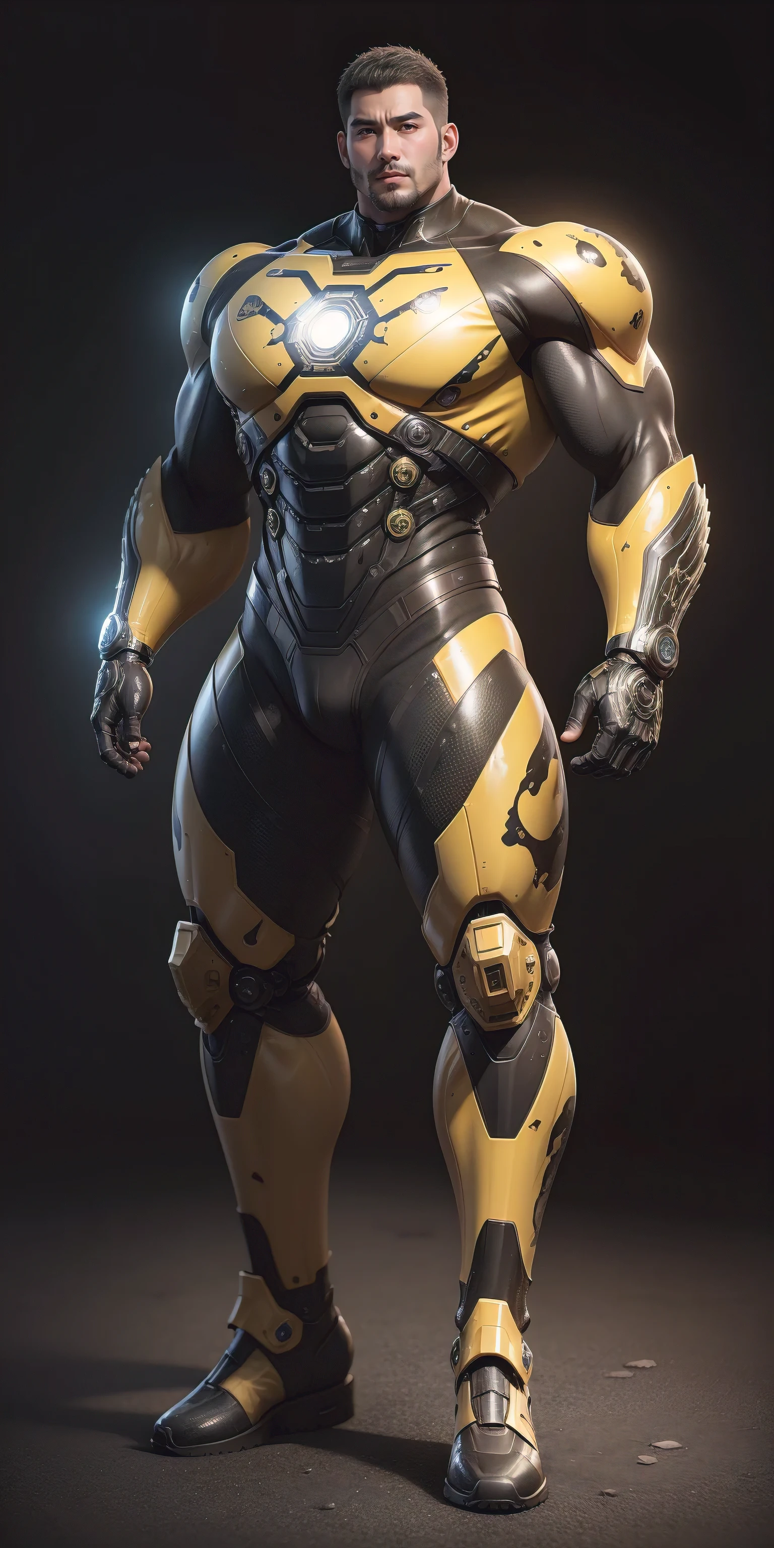 Tall giant muscular police officer,Yellow and black camouflage patterned nano mecha,Honeycomb pattern,Lightweight texture,Character Concept(Resident Evil - Chris Redfield,Chris Redfield)senior police officer,Small grid texture,Regular symmetrical texture pattern,Sad expression,Deep and charming eyes,Standing in a bright mechanical laboratory,Emerald Eyes Hero,Heroic male pose,Tall burly,muscular!Attractive leg muscles,High target, Burly, Heqiang, Super Buff and Coolness, High Resolution Committee, Bigfoot yellow-gray ultra-thin nano-mechanical boots,Charismatic strongman,The bright sunshine shines on you,Matte particles,Shiny texture