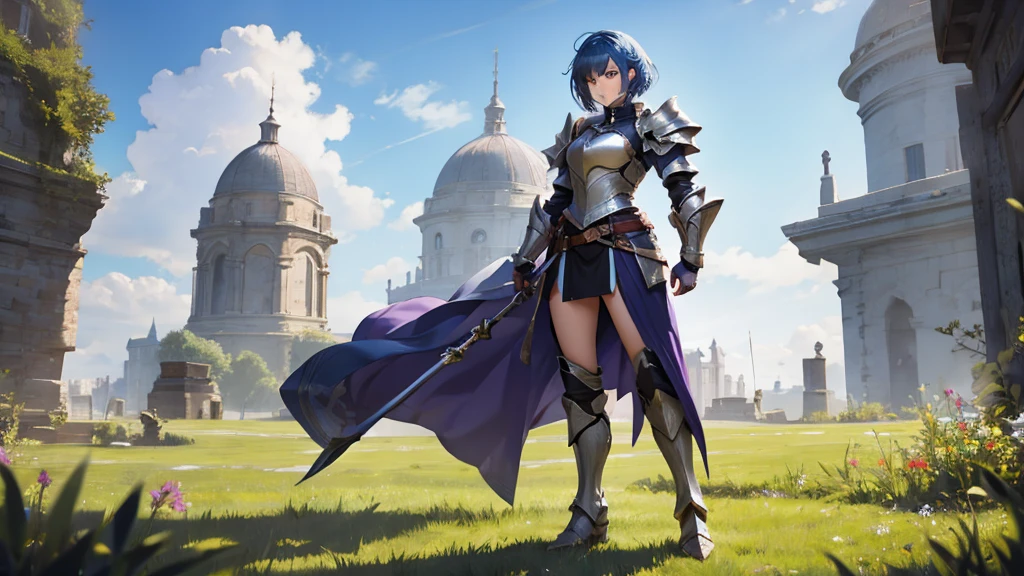 design, knight, armor, sexypost, holdsword, cute, tomboy leftarm not use armor, mediummuscle, medium sixpack, bluehair, purpleeye, female, notmale, fullbody, fullHD, medium shot A woman standing alone in the middle of a meadow