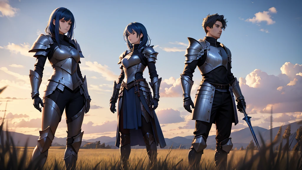 design, knight, armor, sexypost, holdsword, cute, tomboy leftarm not use armor, mediummuscle, medium sixpack, bluehair, purpleeye, female, notmale, fullbody, fullHD, medium shot A woman standing alone in the middle of a meadow