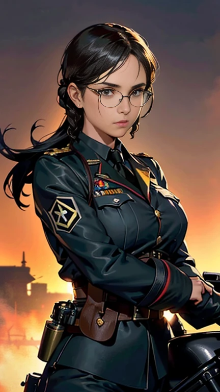 (ultra-detailed, dynamic action sequence: 1.2), lara croft with a leather jacket, messy yet beautiful hair flying in the wind, gun belt, shorts and thigh-high boots, toned muscles, batman clad in a sleek armor suit, cape flowingly behind, batman's mask revealing detailed features,
detailed background, cityscape with towering buildings and neon lights, sun setting casting an orange glow,
(action-packed: 1.4), lara expertly handling the motorbike, Batman's arms wrapped around her waist for support, leaning in to speak into her ear,
BREAK, intense focus on their faces, Realistic, (German World War II general uniform reference : 1.8), the highest facial resolution, , mulher modestamente vestida, vestido inteiramente, ( pequeno, cabelos pretos, black franja reta, super thin braids, franja reta, Red glasses, olho verde escuro, science fiction, Fighter aircraft, standing On the landing of a Fighter aircraft, the agency, uma personalidade profundamente inteligente, A calm expression, um rosto respeitoso, uma guerra, a Fighter aircraft (illustration:1.2), (mature female:1.2), 1girl, solo, red background, smoke, long hair, black hair, simple background, outside border, looking at viewer, red eyes, shirt, bangs, collared shirt, white shirt, upper body, closed mouth, glasses