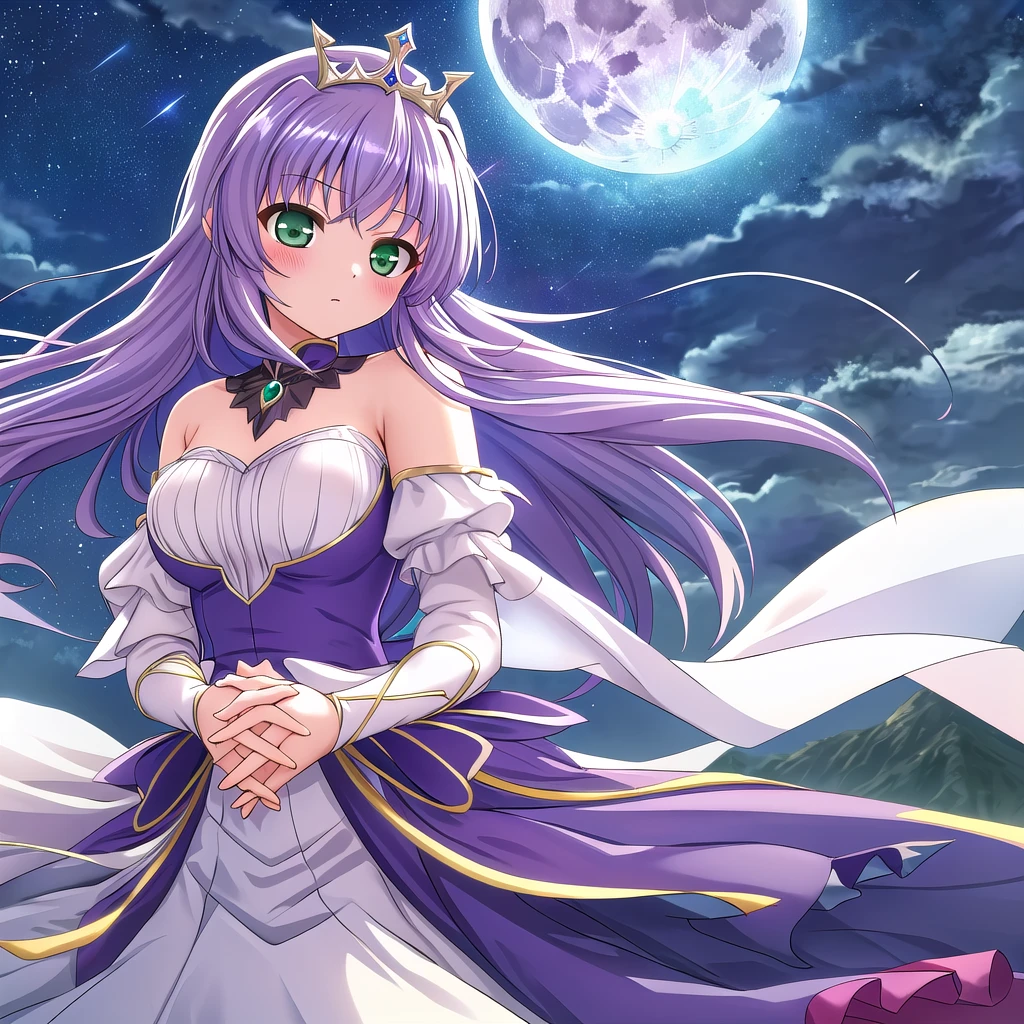 masterpiece, Highest quality,Super detailed Yoakena, Finafam Earth Light, One person, alone, Green Eyes, Long Hair, Purple Hair,full moon,moonlight,Holding hands,dress,tiara,Strong winds