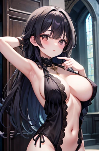 Highest quality、Brown eyes、thin、expensive、8k、, High resolution,Black Hair、Long Hair、Completely naked、Nipples、church、Off the shoulder、Frills、Big Breasts