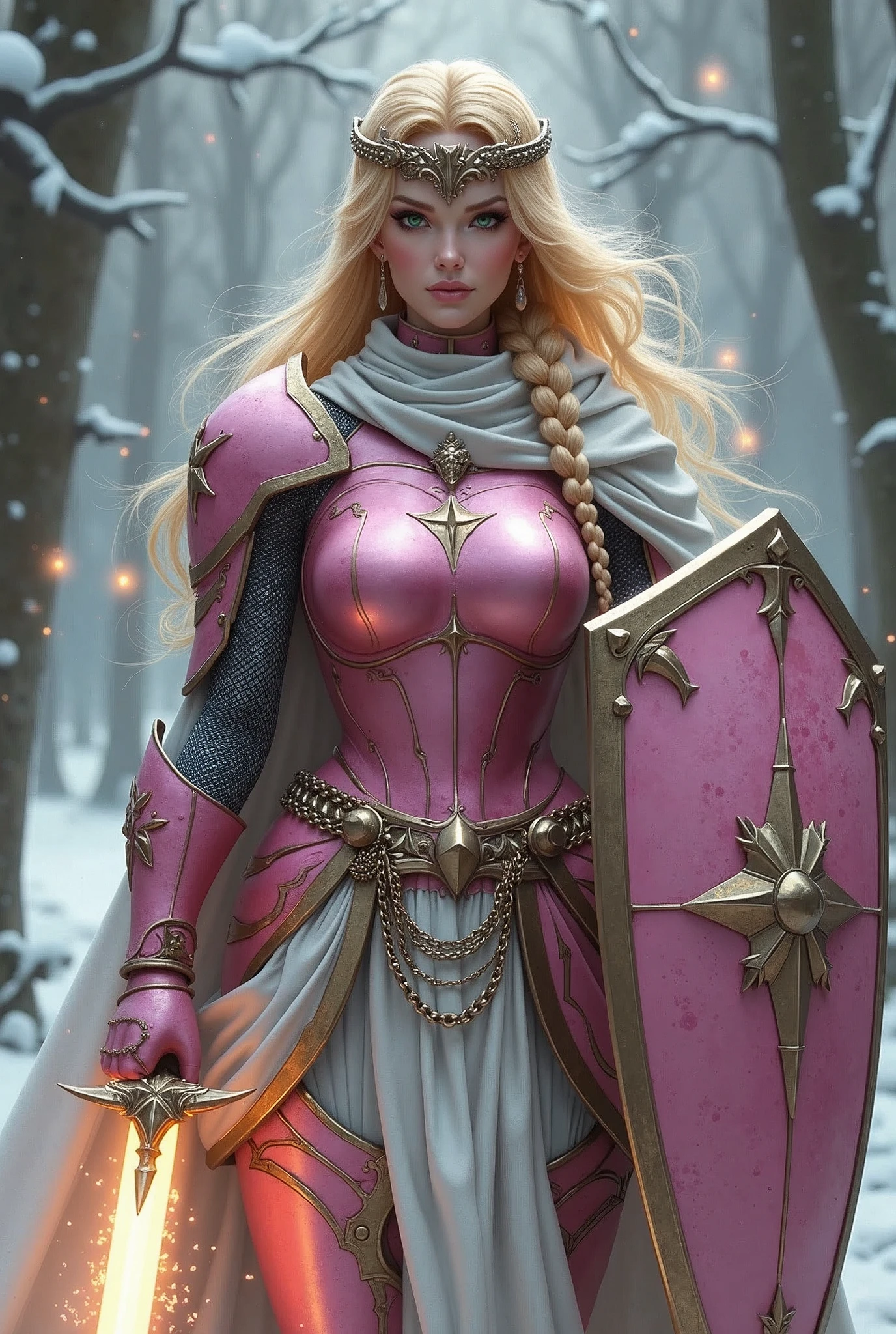 ((portrait, upper torso, armored female paladin, battle worn gloss pink lacquered perfectchainmail armor:0.4, alabaster cloak, (((((big tits, huge breasts, large chest, Barbie))), [bright blonde hair:dark hair:0.8]))), clear green eyes, blackout eyeshadow, iron circlet), braids, glowing radiant white star engraved sword, shield, sparks, windy, outdoor frozen snow snowy forest, dynamic battle pose
