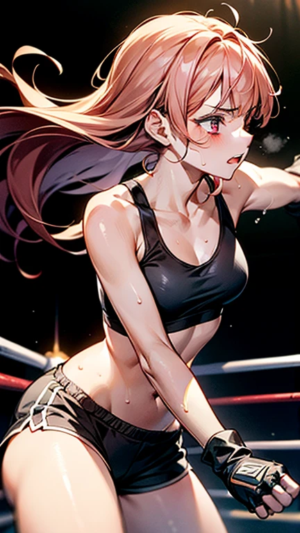 A Japanese high school girl with a poor, bloodied body is beated down in a fighting ring. She has been beaten to a pulp. she is lying down on the ring. Sweaty and covered in scars, she has one eye closed and her mouth open, panting and drooling. She wears a tattered tank top, spats, and open-fingered gloves. Erect nipples. Her poor belly. Small breasts.