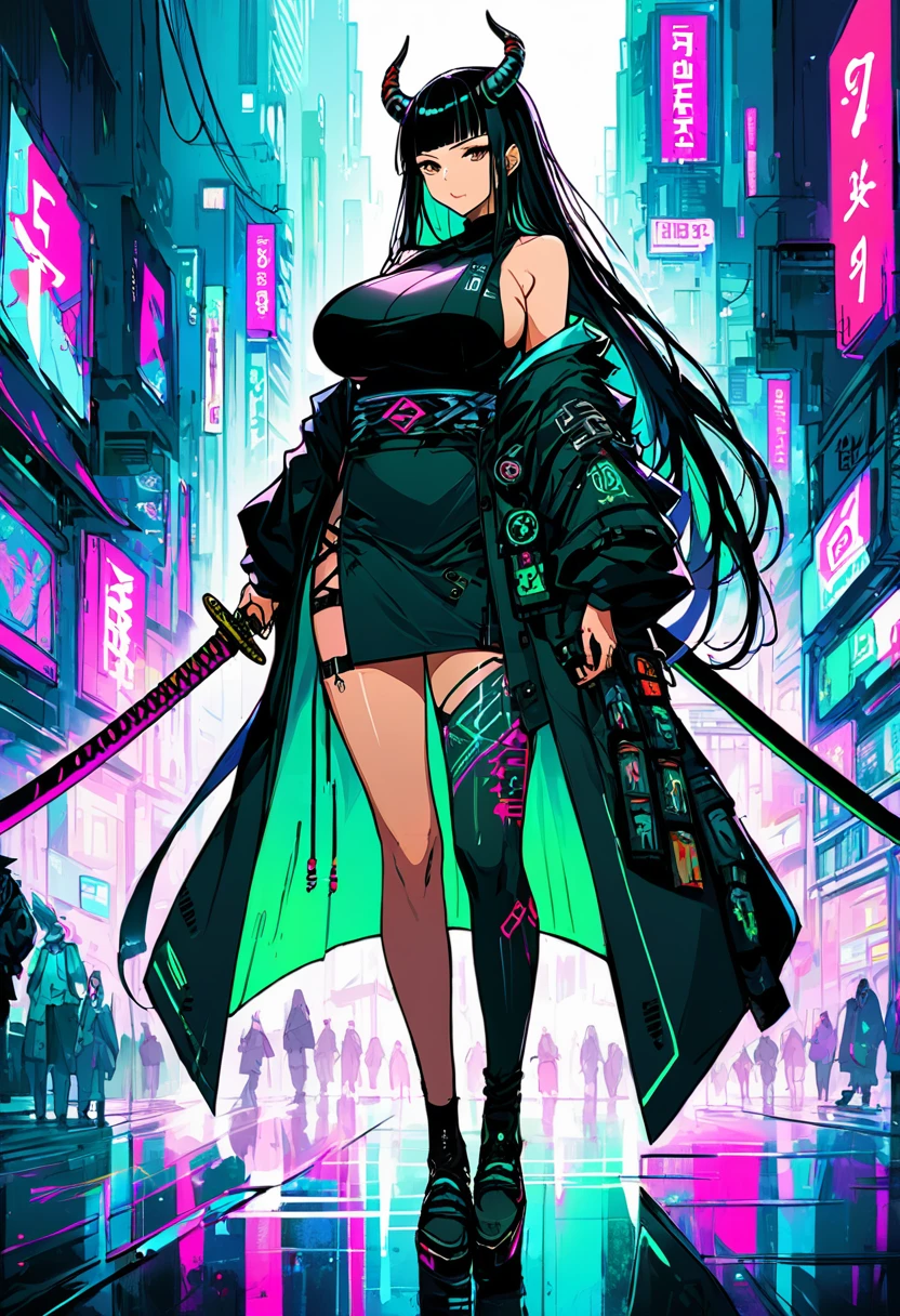 score_9, score_8_up, score_7_up, cyberpunk, whole body, (Orange skin:1.3) Dark black hair, Very long hair,,They are, Horn, (Large Breasts:1.2) , kimono, katana, (Muskyla:0.9), tall woman