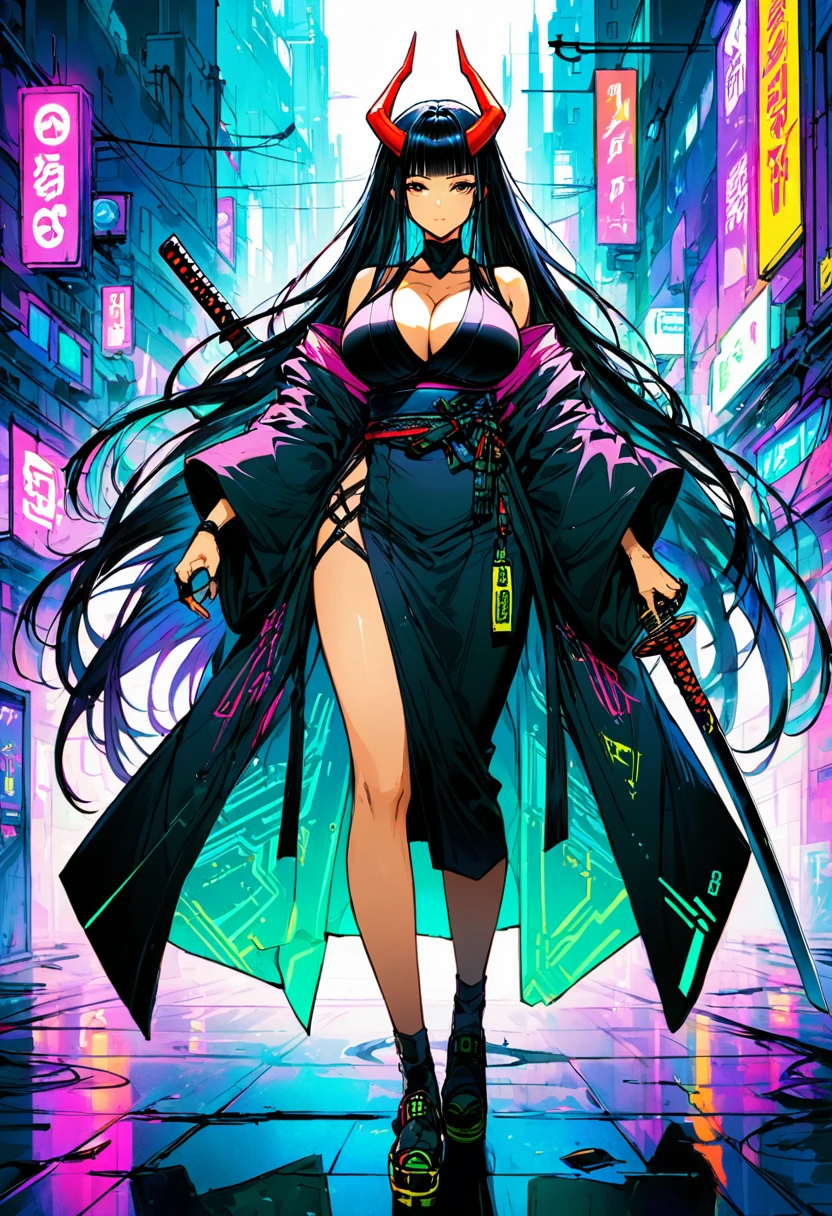 score_9, score_8_up, score_7_up, cyberpunk, whole body, Dark black hair, Very long hair,,They are, Horn, (Large Breasts:1.2) , kimono, katana, (Muskyla:0.9), tall woman