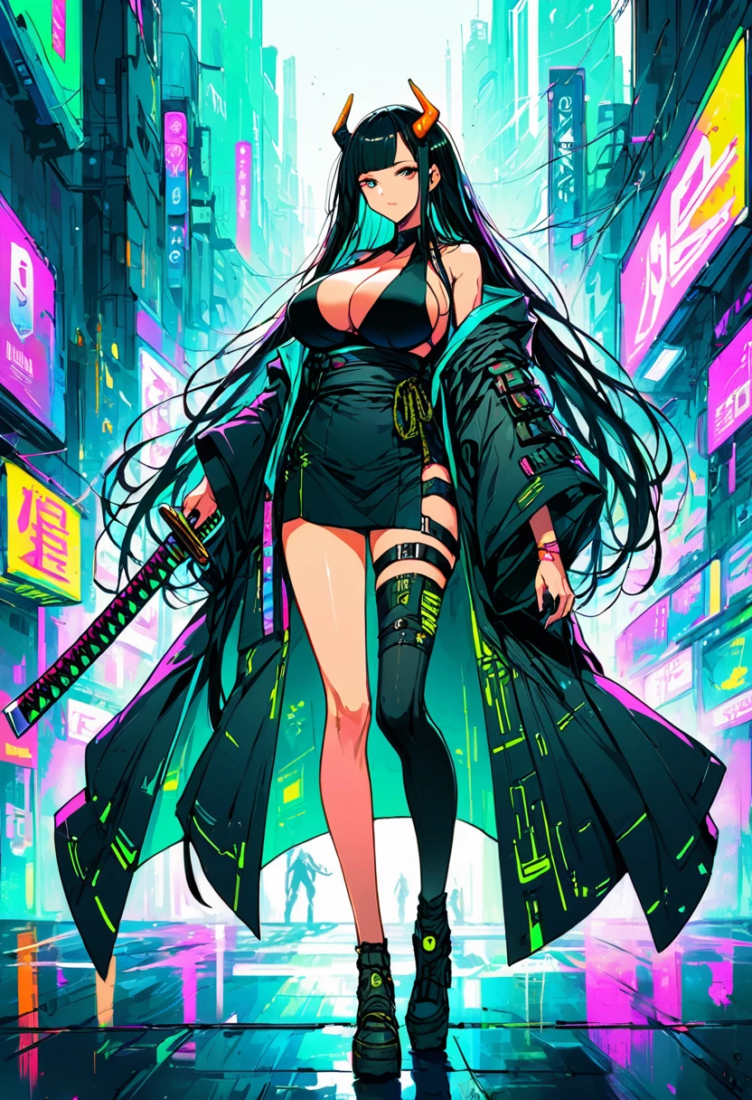 score_9, score_8_up, score_7_up, cyberpunk, whole body, Dark black hair, Very long hair,,They are, Horn, (Large Breasts:1.2) , kimono, katana, (Muskyla:0.9), tall woman