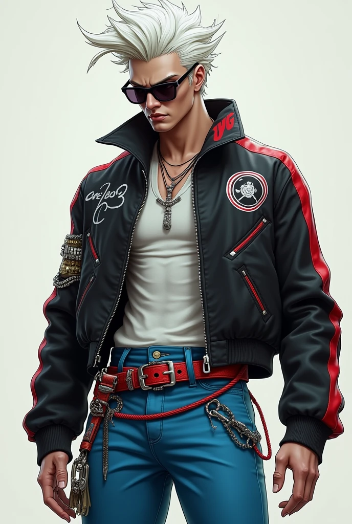 body hair: offwhite, curto e espetado, with a modern cut.
eyeballs: They are not visible due to sunglasses.
Skinned: Skin tone is not clearly defined, but it seems to be clear.
badass clothing:
jaket: predominantly black, with red and white details. It has a circular symbol in the center.
pants: blue With red rope.
waist belt: rot, wide and flashy.
Accessories: sunglasses.