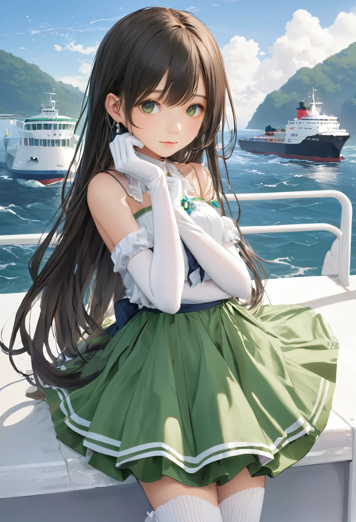 (masterpiece, Highest quality:1.2), one person's, alone,Bony body、5 years old、ferry, ((Long Hair)), ferryBase, ((Knee socks)), Exposing shoulders, ((jewelry)), ((No sleeve)), White Dress, Green Skirt, ((gloves)), Up to the thighs,