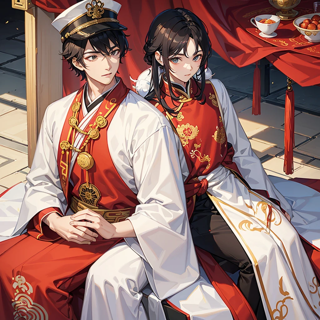 a handsome young man with a good face and a gentle face, wearing a white ancient Chinese costume, sitting on a chair, hugging his little sister 1 year old, who is 1 year old, black hair, in a red Chinese new year costume, in the morning, there is sunlight shining in the front yard garden.