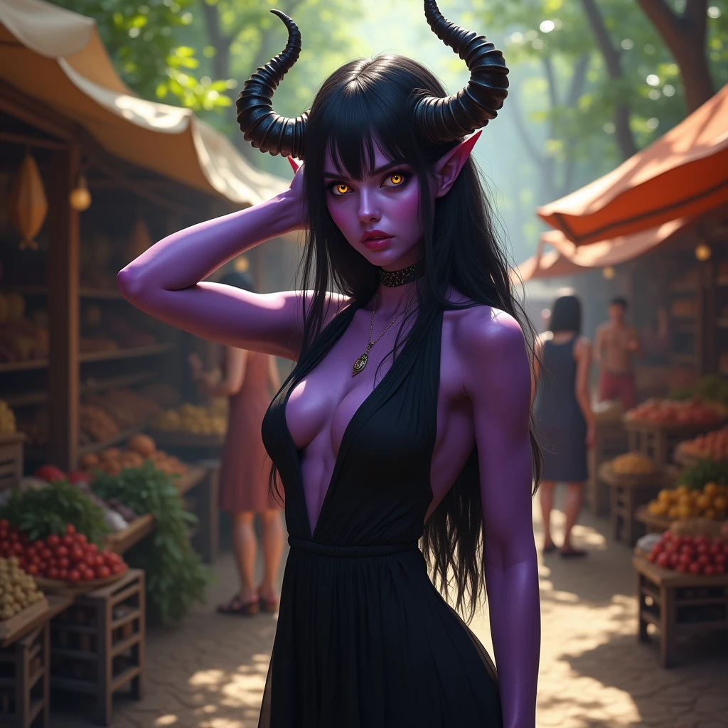 Photorealistic image, 4k photograph. In a sun-filled forest, a poignant scene unfolds as the tiefling female stands amidst the human commerce in a busy market. Her violet skin glows with an otherworldly hue, while her amber eyes burn with a mix of anger and shame. Dark horns curl from her dark hair, a subtle yet striking feature that sets her apart. She wears a look of intensity, her expression and revealing black dress a reflection of her gorgeous features and lithe body. One hand seductively in her hair. Her very essence is a beacon of defeat in a world gone mad. ((full length image)) Beautiful woman, Photorealistic