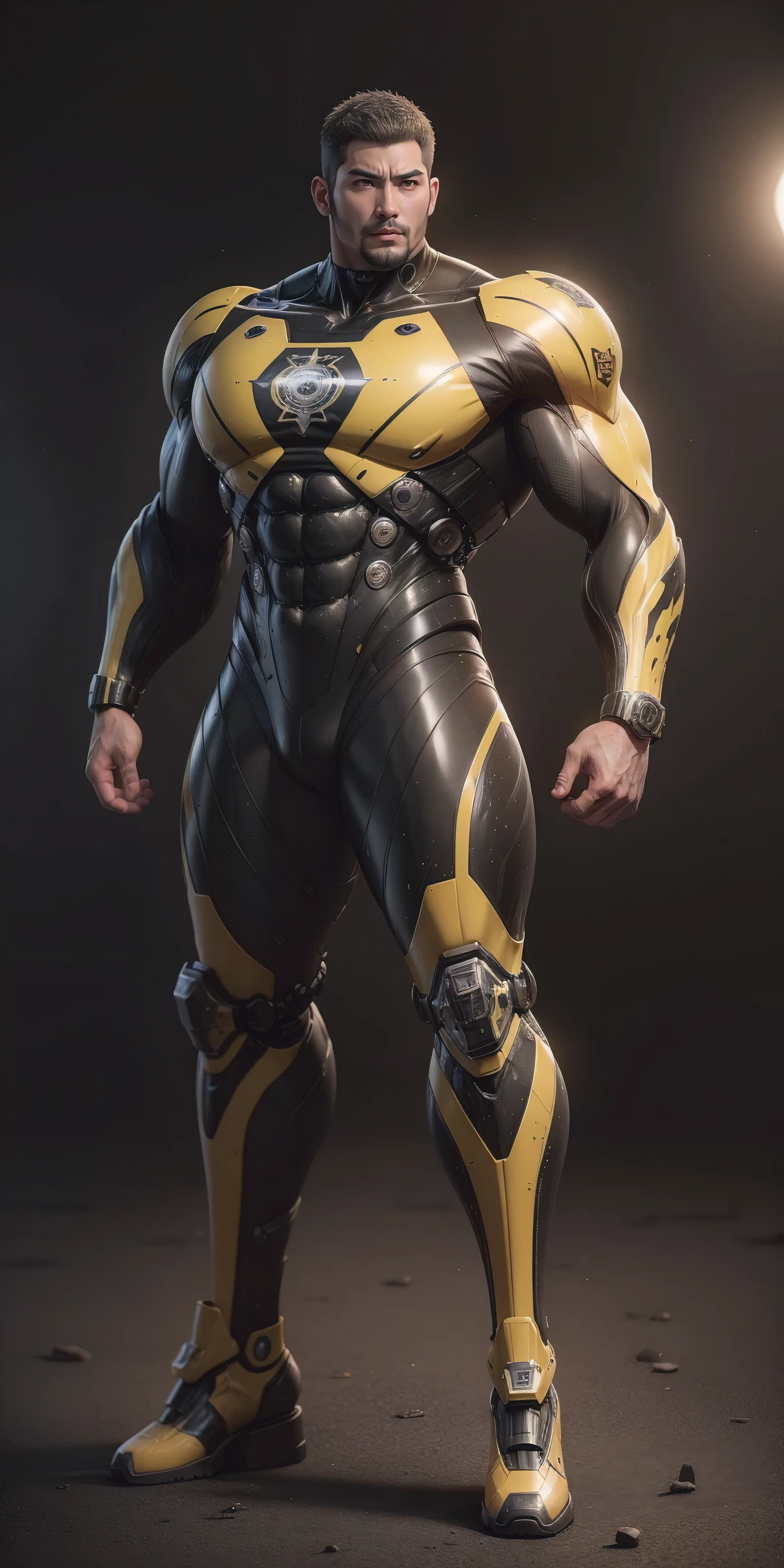 Tall giant muscular police officer,Very long legs,Yellow and black camouflage patterned nano mecha,Honeycomb pattern,Lightweight texture,Character Concept(Resident Evil - Chris Redfield,Chris Redfield)senior police officer,Small grid texture,Regular symmetrical texture pattern,Sad expression,Deep and charming eyes,Standing in a bright mechanical laboratory,Emerald Eyes Hero,Heroic male pose,Tall burly,muscular!Attractive leg muscles,High target, Burly, Heqiang, Super Buff and Coolness, High Resolution Committee, Bigfoot yellow-gray ultra-thin nano-mechanical boots,Charismatic strongman,The bright sunshine shines on you,Matte particles,Shiny texture