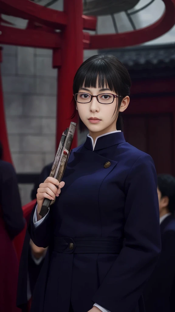 RAW shooting:1.2)、(Realistic:1.4)、(masterpiece:1.3)、(Highest quality:1.4)、Beautiful Japanese Women、7 Head to Body、Beautiful eyes in every detail,Maki,jujutsu,roundabout,Temple,Red Rim Glasses,uniform