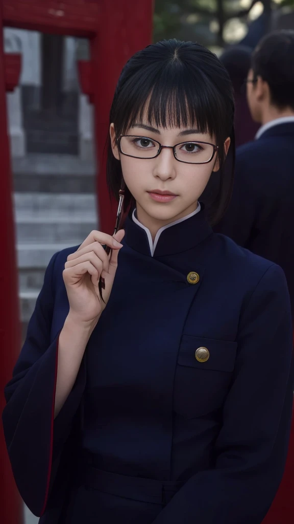 RAW shooting:1.2)、(Realistic:1.4)、(masterpiece:1.3)、(Highest quality:1.4)、Beautiful Japanese Women、7 Head to Body、Beautiful eyes in every detail,Maki,jujutsu,roundabout,Temple,Red Rim Glasses,uniform