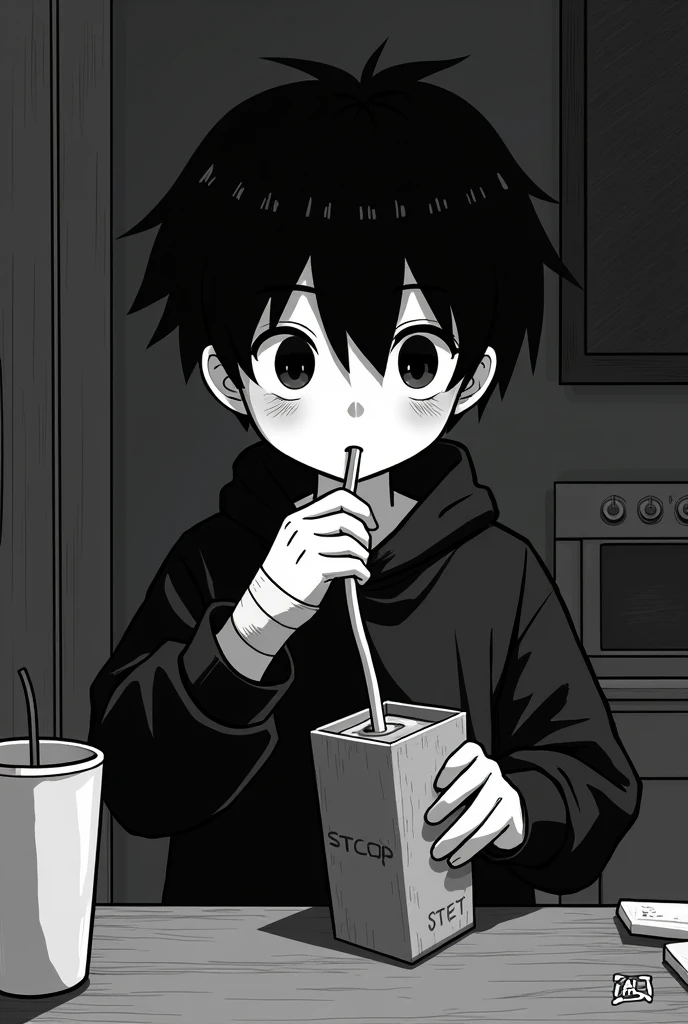 A boy with a black sweatshirt, somewhat dark, with a band-aid, and not thick lenses, that he is drinking a juice box with his straw with that arm rolled up, his arm, style "cuphead" black and white