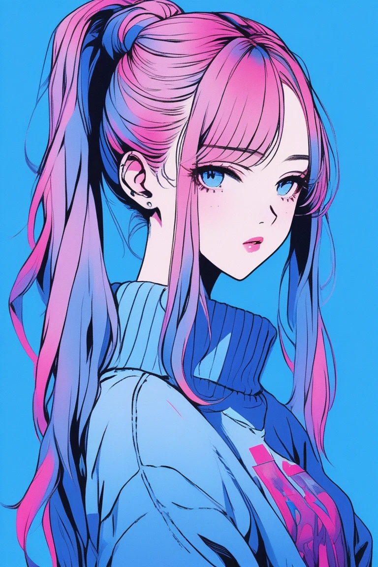 Illustrator, anime , Realistic ,sketch , 1 person, ,lip, sweater, whole body, order, Blue gradient background, Neon long ponytail hair,Long Bangs, Show your forehead, Texture Trim, Canadian, (masterpiece,Highest quality) cancer