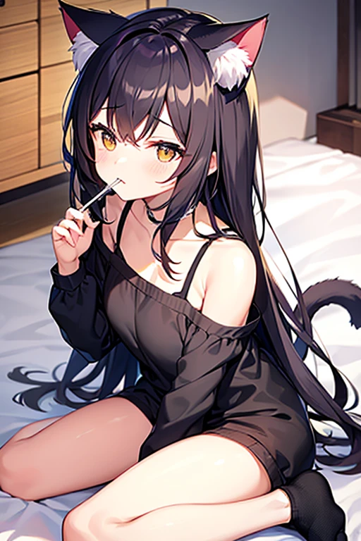 A cute cat with cat ears and a cat tail is grooming itself。