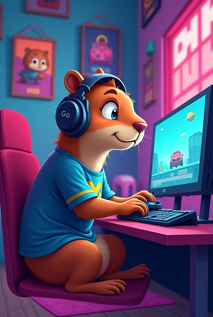 (work of art, best qualityer, detailded), painting of a capybara with a yellow jacket, pirate capybara, anthropomorphic capybara, gamer player, portrait of an adventurer, d & of fantasy art, stunning digital illustration, Draw a gamer capybara in cartoon style. The capybara must be dressed in a gaming t-shirt and a pair of modern headphones.. She must be sitting in front of a computer with a vibrant game screen and a controller in her hand.. Her expression should be animated and focused., showing that she is fully involved in the game. Add some fun details, like game posters on the walls and a game mat on the floor. Use bright colors and a style that conveys energy and fun..