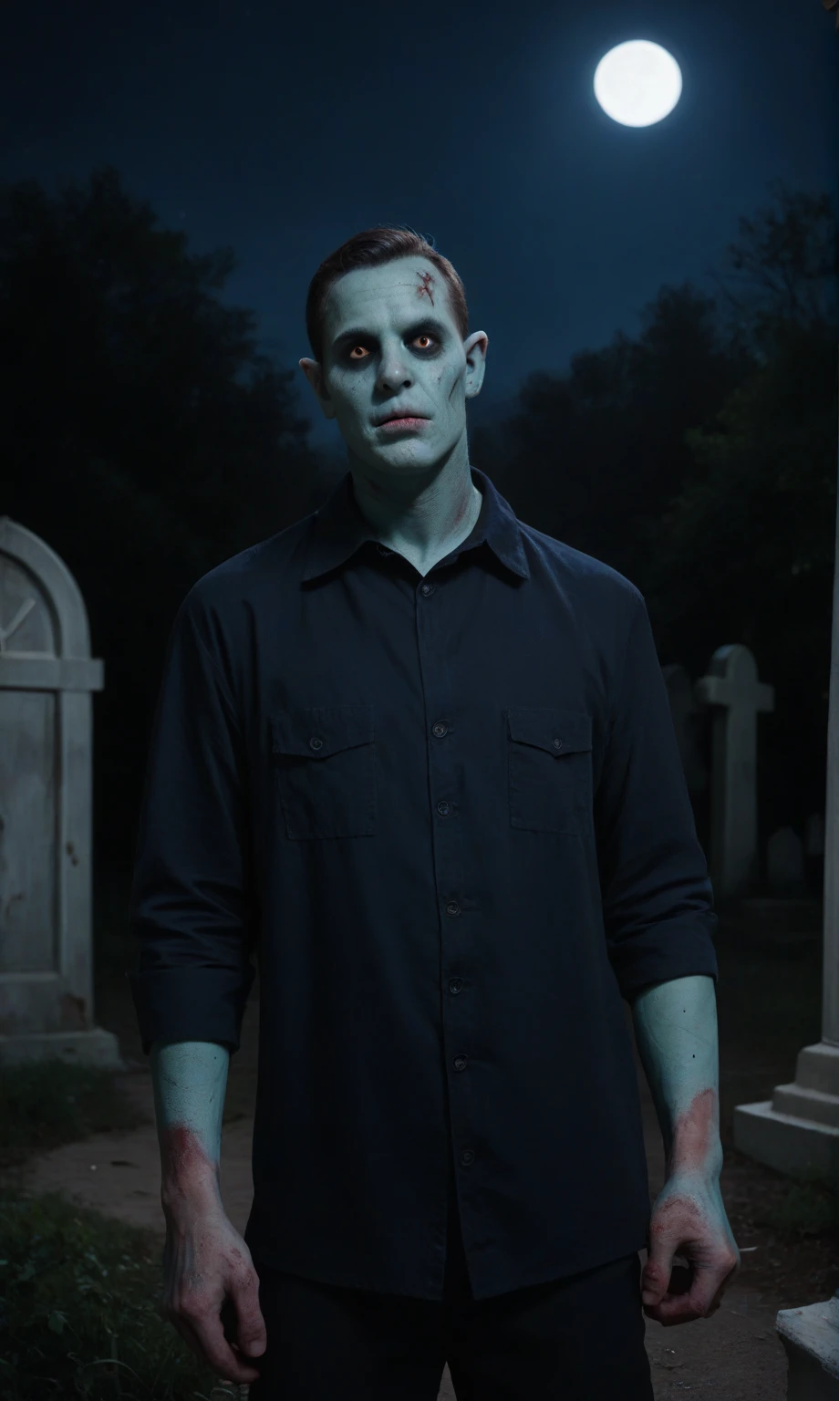 A single Zombie James Watson man black shirt in the dark on the room glowing eyes