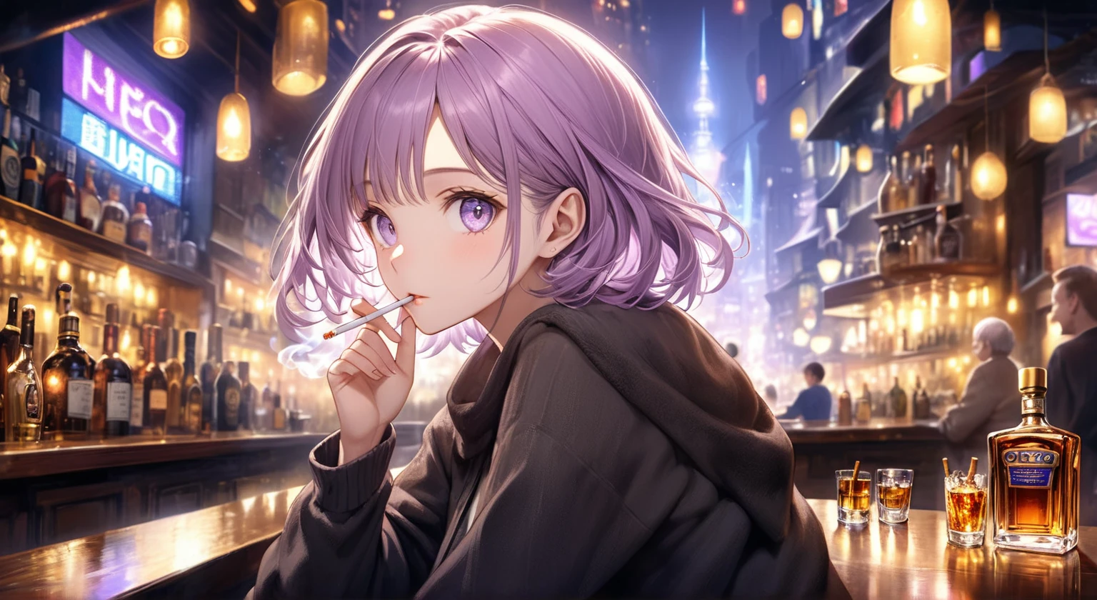 ((Highest quality,8k,32K,masterpiece,Ultra-high resolution :1.2 ),born,One person,Super cute,Natural light,Clear, shining eyes,20-year-old,Fair skin,Fantastic night city electronic world fantasy background,Light purple hair,Mature woman,Smoking a cigarette,liquor,bar