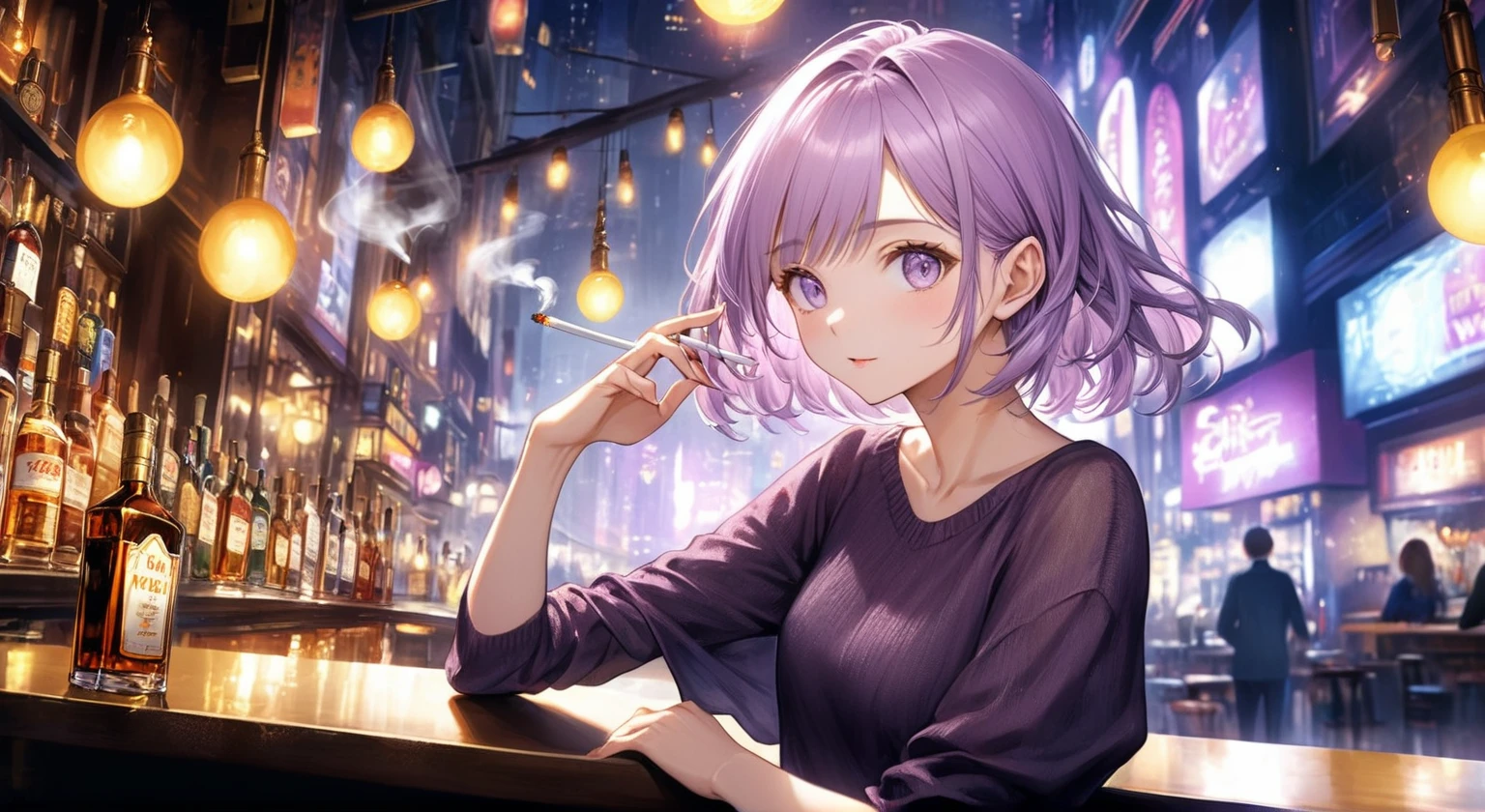 ((Highest quality,8k,32K,masterpiece,Ultra-high resolution :1.2 ),born,One person,Super cute,Natural light,Clear, shining eyes,20-year-old,Fair skin,Fantastic night city electronic world fantasy background,Light purple hair,Mature woman,Smoking a cigarette,liquor,bar