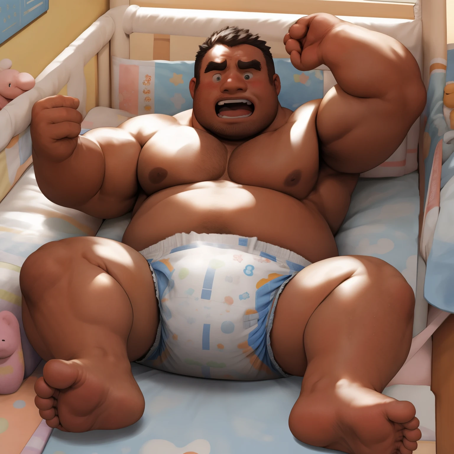 masterpiece, Top quality, in 32K, perfect anatomy, hyper detailed, photo realistic, super fine illustration, The thick man is a brutal prisoner, asian, retarded, human, 50yo in japan, Fatty muscle, (fatness:1.2), Bowleg, disappointment, incontinent, Diaper Open, shy, sobbing, weak, sissy, Round face, be diaper check by children, There is a small puddle under him, Naked, Bowleg, spread and lifting legs, wear a White cloth Diaper, White Diaper without pattern, Pampers, Bare belly, Bare legs, Bare foots, Bare soles, Shirtless, wide forehead and short thinning hair, round face with stubble, Bare foots, Bare soles, He enters nursery school and is despised by children, He is taken care of by the children at the nursery school, He surrounded by children in playpen, Bare foots, big butt, White Diaper, sobbing, There is a small puddle under him, sobbing, He is lying in baby crib in nursery, top view, open diaper, Diaper change