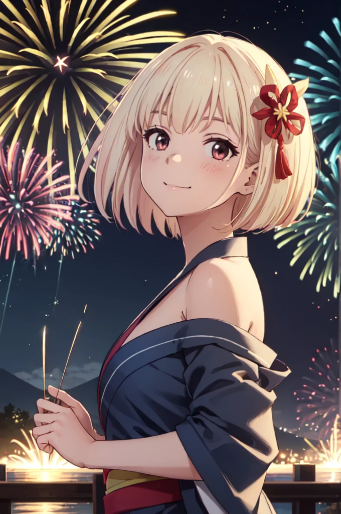 masterpiece, best quality, ultra detailed, highres, extremely detailed CG unity 8k wallpaper, perfect lighting, very detailed background, beautiful and aesthetic,sharp focus, perfect face, dynamic pose, dynamic angle,
1girl, upper body, (portrait:1.1), multicolored yukata, kanzashi, looking at viewer, full-face blush, from side, from below, smile,
night, dark sky, misty lake, mountainous horizon, BREAK,aerial fireworks, (Full of sky fireworks:1.2),
Shoulder Bare、Off the shoulder、Blonde、Bobcut