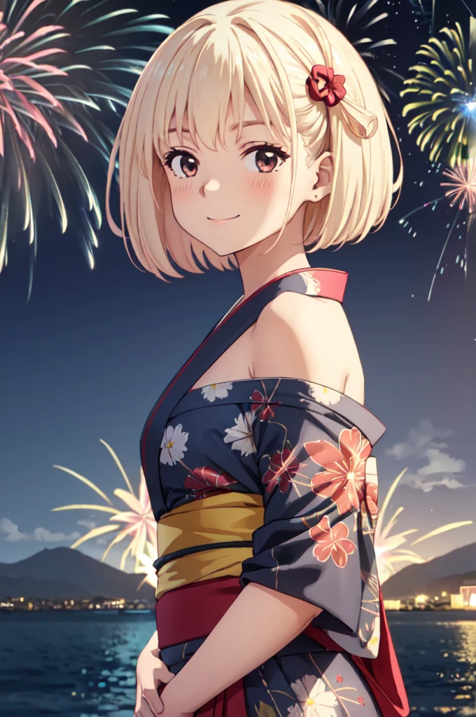 masterpiece, best quality, ultra detailed, highres, extremely detailed CG unity 8k wallpaper, perfect lighting, very detailed background, beautiful and aesthetic,sharp focus, perfect face, dynamic pose, dynamic angle,
1girl, upper body, (portrait:1.1), multicolored yukata, kanzashi, looking at viewer, full-face blush, from side, from below, smile,
night, dark sky, misty lake, mountainous horizon, BREAK,aerial fireworks, (Full of sky fireworks:1.2),
Shoulder Bare、Off the shoulder、Blonde、Bobcut