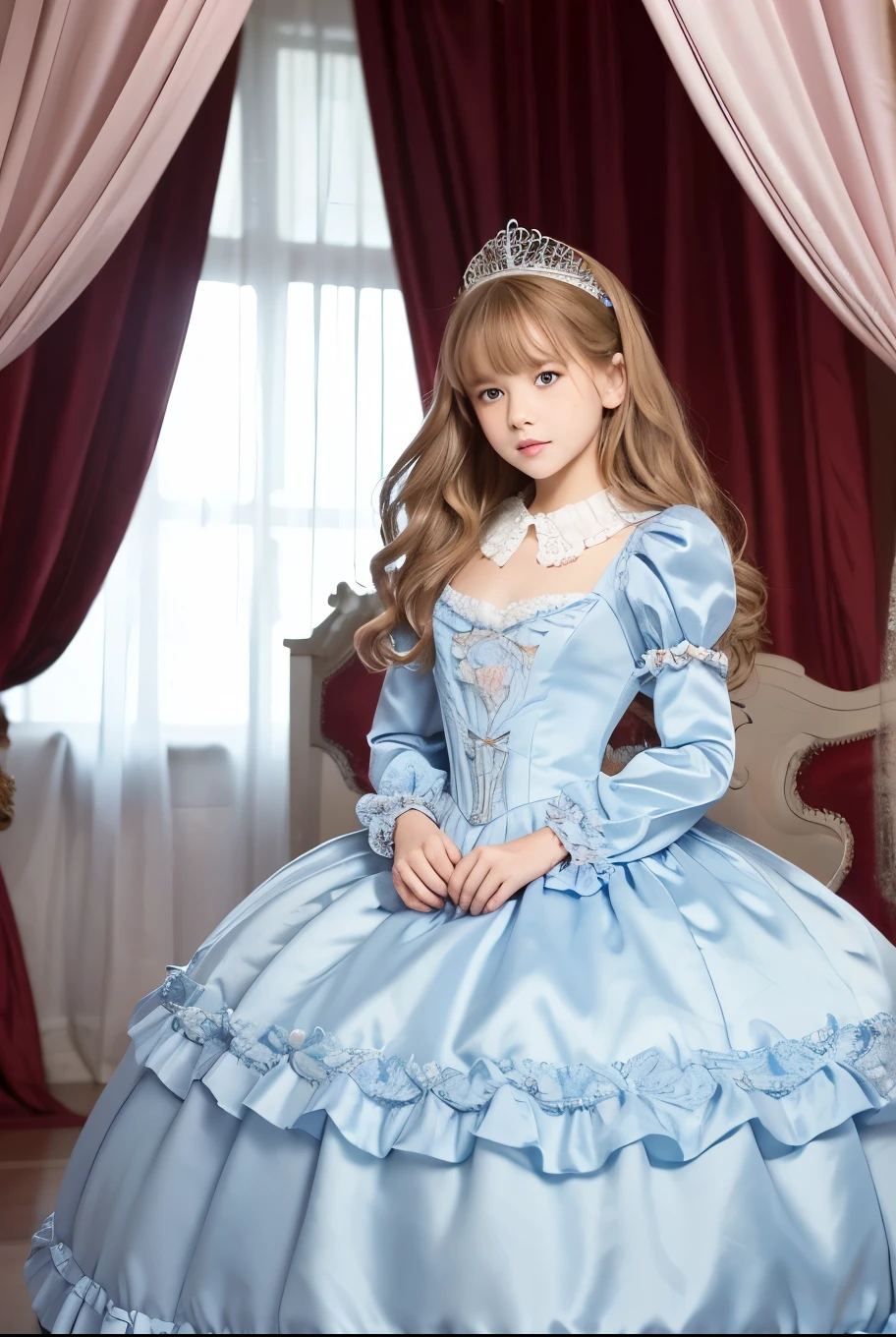 highest quality, masterpiece, highest resolution, artwork, super それにget used to it, many get used to it, get used to it, それにget used to it, 3k realistic pictures,,((12 year old s)),Ultra-detailed juvenile face,ultra-detailed beautiful little girl princess,full length ball gown dress with hoop skirt,ruffled yoke collar,puff sleeves,long sleeve,((Lolita style light blutailed princess satin dress with lots of ruffles and ribbons)),Rococo style lolita fashion,shiny satinss,Soft and smooth fabric,detailed princess dress,luxury,long blonde hair,blue eyes,white skin european,Pajama,((in the bedroom of the palace)),luxury princess canopy king size pink bed,shiny satin sheets,ultra-detailed princess bed,High-quality background,lot of frilled pillows,on the bed,