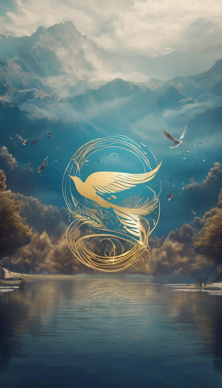 Create a professional, fantastic, cinematic dream-like logo design for a brand about music, stories, fantasy, memories and dreams called " Penamemoria". Masterpiece, 4k, sharp focus, highest quality,wide shot. The title is " Penamemoria". Is a brand about the creative, unique creative journey of a boy and a feather of memories. Minimalistic, simple, poetic, dreamy logo design at the center of the image. The Background image is a world full of feathers, unique birds, light blue sky, soft white and golden Logo design of a unique, creative, masterpiece feather of memories