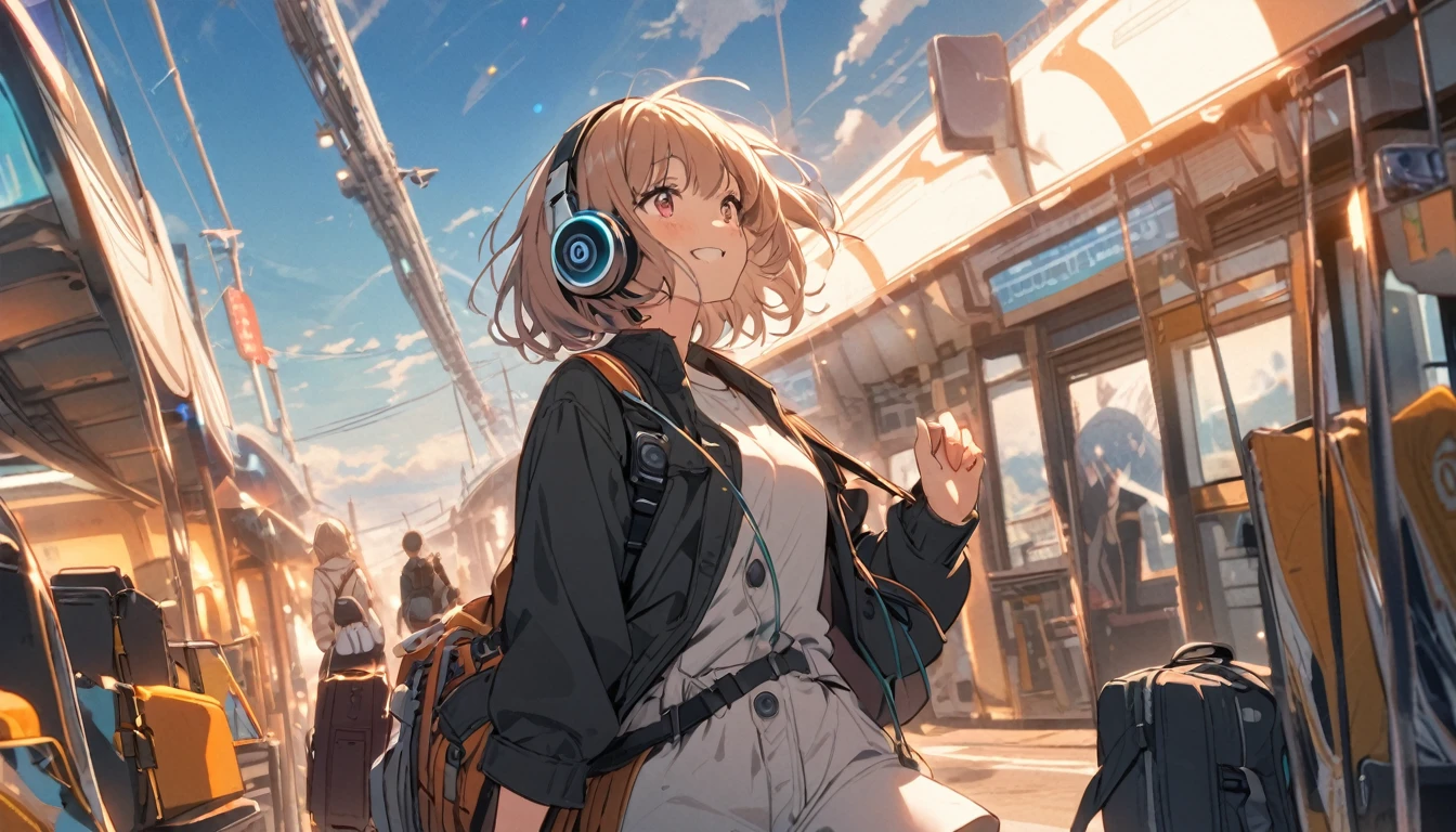 A short-haired woman wearing headphones,trip,one person's,relax,The background is dusk,on the train