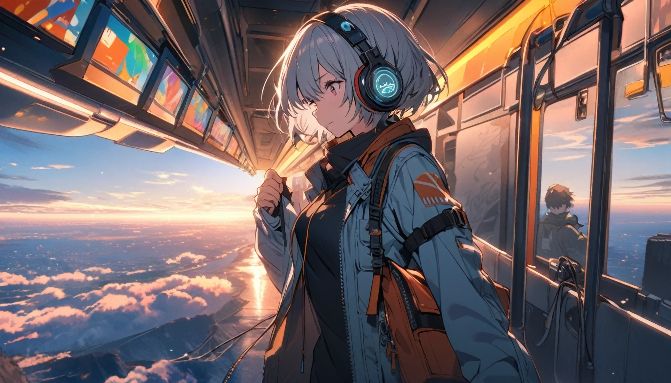 A short-haired woman wearing headphones,trip,one person's,relax,The background is dusk,on the train