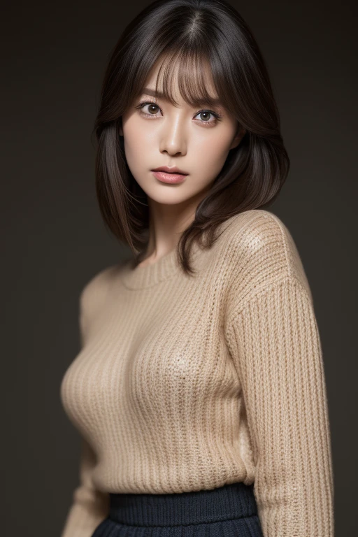 Ultra - High resolution, masterpiece, rough skin, very detailed, Photoreal, professional lighting, Depth of bounds written, sharp, gray background, (Front view：1.2),(japanese mature, 38 year old woman sexy), detailed face, beautiful eyes, bangs, good shape small breasts, light brown straight hair, faint lips, (Catch Eye:1.3),((stand in front、look at the viewer, serious face eyes.)), sweater, skirt, theta, full body photo, cowboy shot