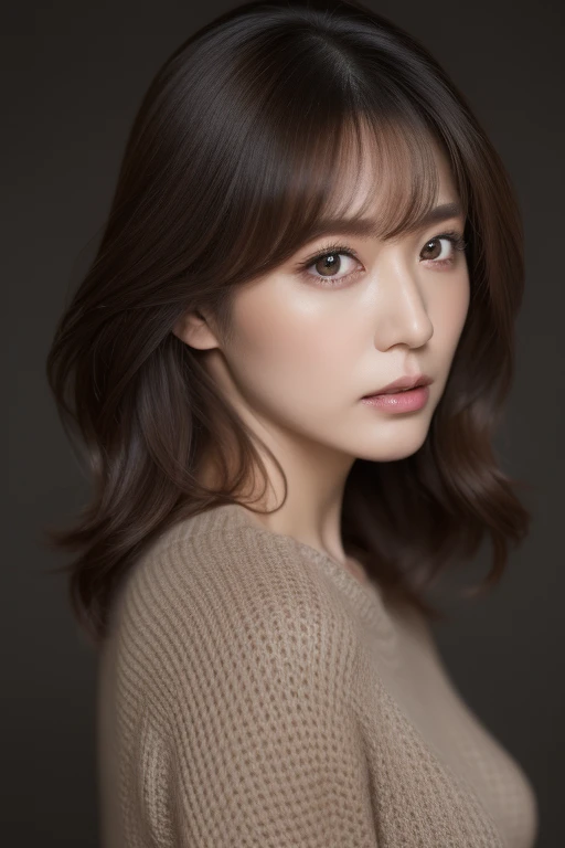 Ultra - High resolution, masterpiece, rough skin, very detailed, Photoreal, professional lighting, Depth of bounds written, sharp, gray background, (Front view:1.2),(japanese mature, 38 year old woman sexy), detailed face, beautiful eyes, bangs, good shape small breasts, light brown straight hair, faint lips, (Catch Eye:1.3),((stand in front、look at the viewer, serious face eyes.)), sweater, skirt, theta, full body photo, cowboy shot