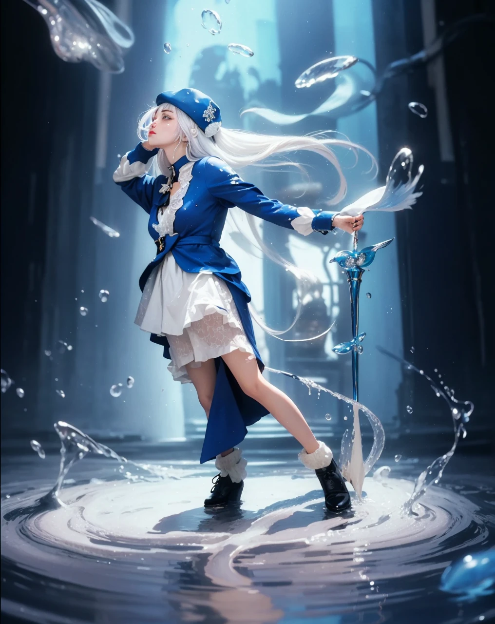 ( FURINA_GENSHIN IMPACT),((realistic, photorealistic)),(highlight hair)), Light reflection, (( HD )),((upper body)), (((best quality, masterpiece))), (masterpiece) (best quality) (detail) (8k) (HDR) (wallpaper) (cinematic lighting) (sharp focuasterpiece, best quality: 1.1), Real life adaption of this character, realistic outfit, realistic shadow, realistic light, realism, hyper realistic, realistic background,realistic hair,(photorealistic:1.2), (masterpiece: 1.2), (best quality: 1.3), (clear details: 1.3), ((((ultra-detailed)))), ((detailed eyes)), (extremely detailed face:1.4), (highly detailed eyelash:1.6), Ada_re4, (sitting),(beautiful face:1.5), (Masterpiece, Top Quality: 1.2), masterpiece, best quality, highrens, 4k resolution, minimalism, 1 girl,solo, , Furina, blue style, nature, cute eyes, ornament hair, white hair, blue dress, hat, blushing, hands up, Water reflection, spotlight, water element stick, floating water, splash water, Long white hair floating, glow effect,Head position looking up,