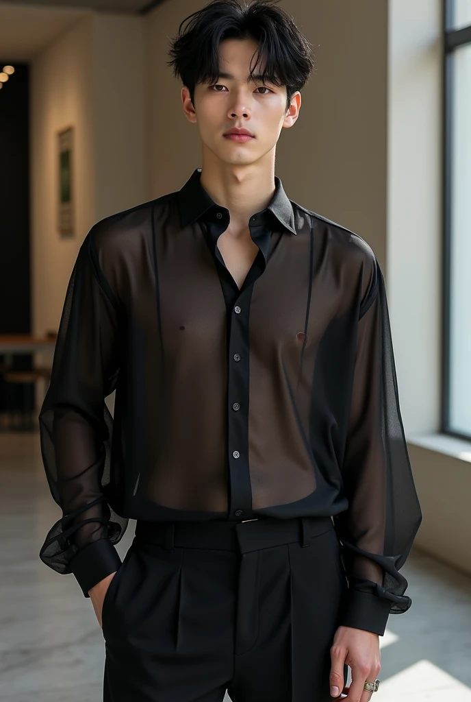 GU&#39;s easy care sheer oversized（black、Long sleeve）Male idol wearing（High nose、Medieval、Skinny、髪型はblack髪マッシュ）。Easy care sheer oversized with inner wear、Please make sure your nipples and skin are not visible.。
Never wear a breast pocket。
Attach a ring etc.、Please coordinate it stylishly。
For easy care sheer oversized items, please see the following URL:。
https://www.gu-global.featuring/jp/Yes/products/E349076-000/00