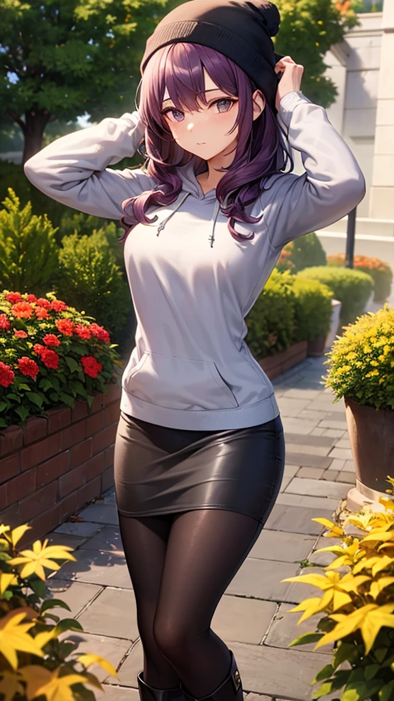 masterpiece, best quality, high detail, beautiful woman, wavy hair, dark purple hair, gray hoodie, long sleeves, black midi pencil skirt, long black pencil skirt, upper body, leather boots, beanie, looking at viewer, hand behind head, fall garden, leaves, sidewalk, backyard,