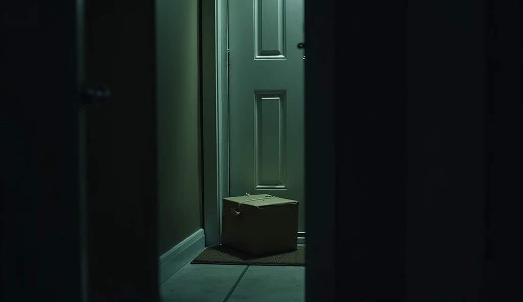 A medium-sized, unwrapped package blocking a closed front door of a single-person apartment building in the US at night. The scene is dimly lit with an eerie glow. A diagonal angle shot focusing on the package with a narrow depth of field. Create a spooky atmosphere. A mysterious, unadorned package left on a doorstep of a single-person apartment building in the US in the dark. The only light source is an ominous glow emanating from the package. The diagonal shot and shallow depth of field should create a sense of dread and anticipation. A forgotten package, left on a doorstep of a single-person apartment building in the US in the dead of night. The viewer should feel a sense of unease as they peer through a keyhole at the ominous object. The diagonal composition and shallow depth of field emphasize the isolation and mystery. A dark, narrow hallway of a single-person apartment building in the US. A single ray of light illuminates a medium-sized, plain package blocking a door. The diagonal composition and shallow depth of field create a sense of unease and isolation.